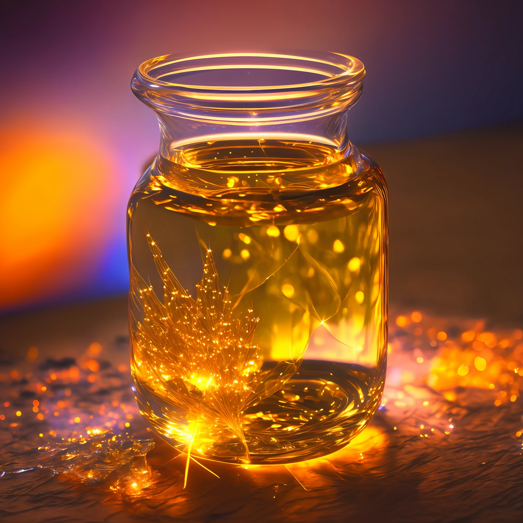 Computer, Extensive landscape ultrasound photography (general view, which shows a glass glass, glass bottle, inside, dandelion, ), bottle, loaf (detailed description of the bottle, dandelion), glass, (detailed description), inside the glass dew (ultradetail), yellow dandelion (detailed), morning sky (detailed), bottle, reflection of dawn (1: 3), fireflies (1: 3), (ultra-detailed description of appearance), bottle, candle (crystals: 1,2), BREAK production art, (cold light source: 1.2), (Firefly:1.2),orange, yellow, fire particles, colors, intricate details, volumetric lighting, realistic fantasy BREAK (masterpiece:1.2), (best quality), 4k, ultra-detailed, (dynamic composition: 1.4), high detailed, colorful details, (gloomy colors: 1.2), (luminous lighting, atmospheric lighting), warm, light, magical, (solo: 1.2) --auto --s2