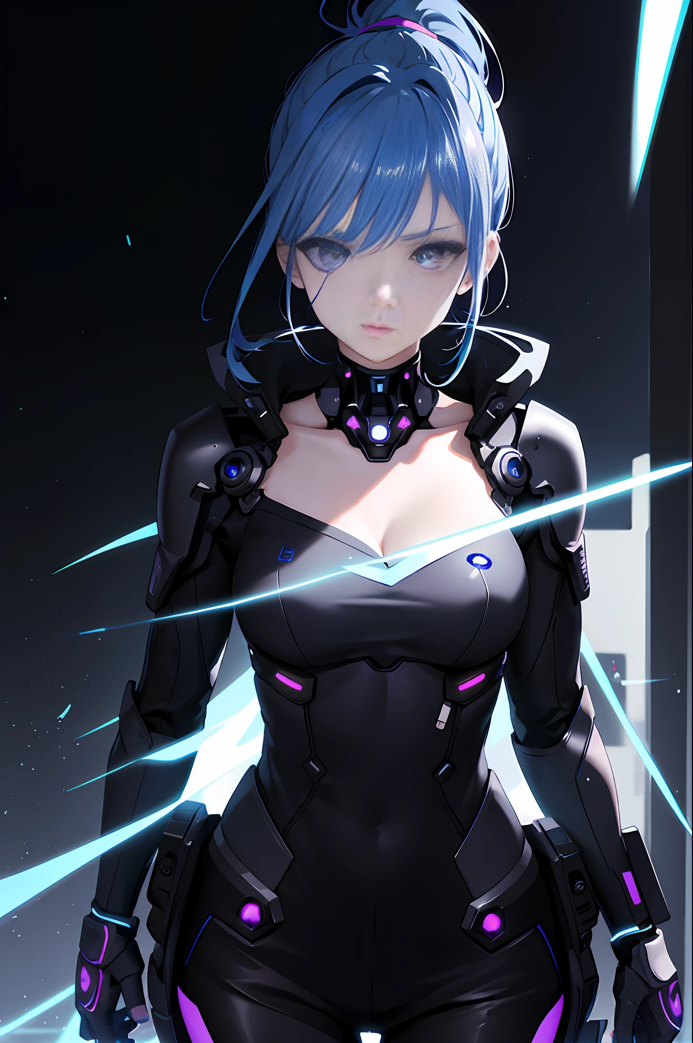 Futuristic girl, half-body, blue hair, ponytail, purple eyes, collarbone, delicate beautiful hair and eyes and face, sexy facial expression, glowing white particles, (ninja), clean black background, delicate facial features, wearing loose jacket, depth of field, cyberpunk style, fluorescent color, 3D character, OC renderer, C4D --AR 3:4 --niji 5 --s 180
