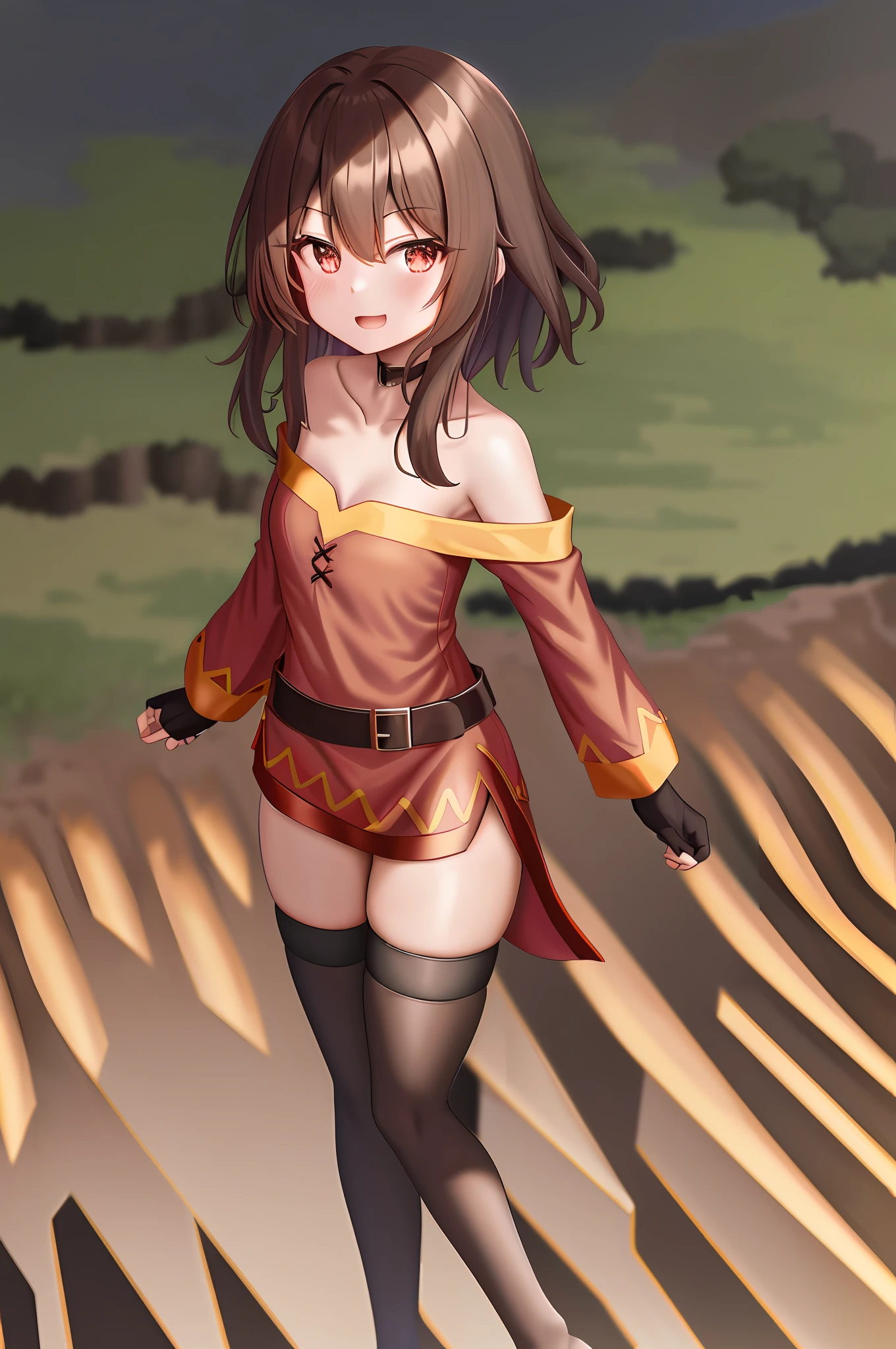 megumin, kono subarashii sekai ni shukufuku wo!, 1girl, solo, standing, looking at viewer, (no headwear:1.1), brown hair, short hair with long locks, red eyes, blush, open mouth, smile, black choker, collarbone, flat chest, off-shoulder dress, dress, red dress, long sleeves, black gloves, fingerless gloves, belt, brown belt, gold trim, zettai ryouiki, skindentation, (asymmetrical legwear:1.4), mismatched legwear, (bandaged leg:1.3), black thighhighs, hands on own face, 

(forest:1.4)