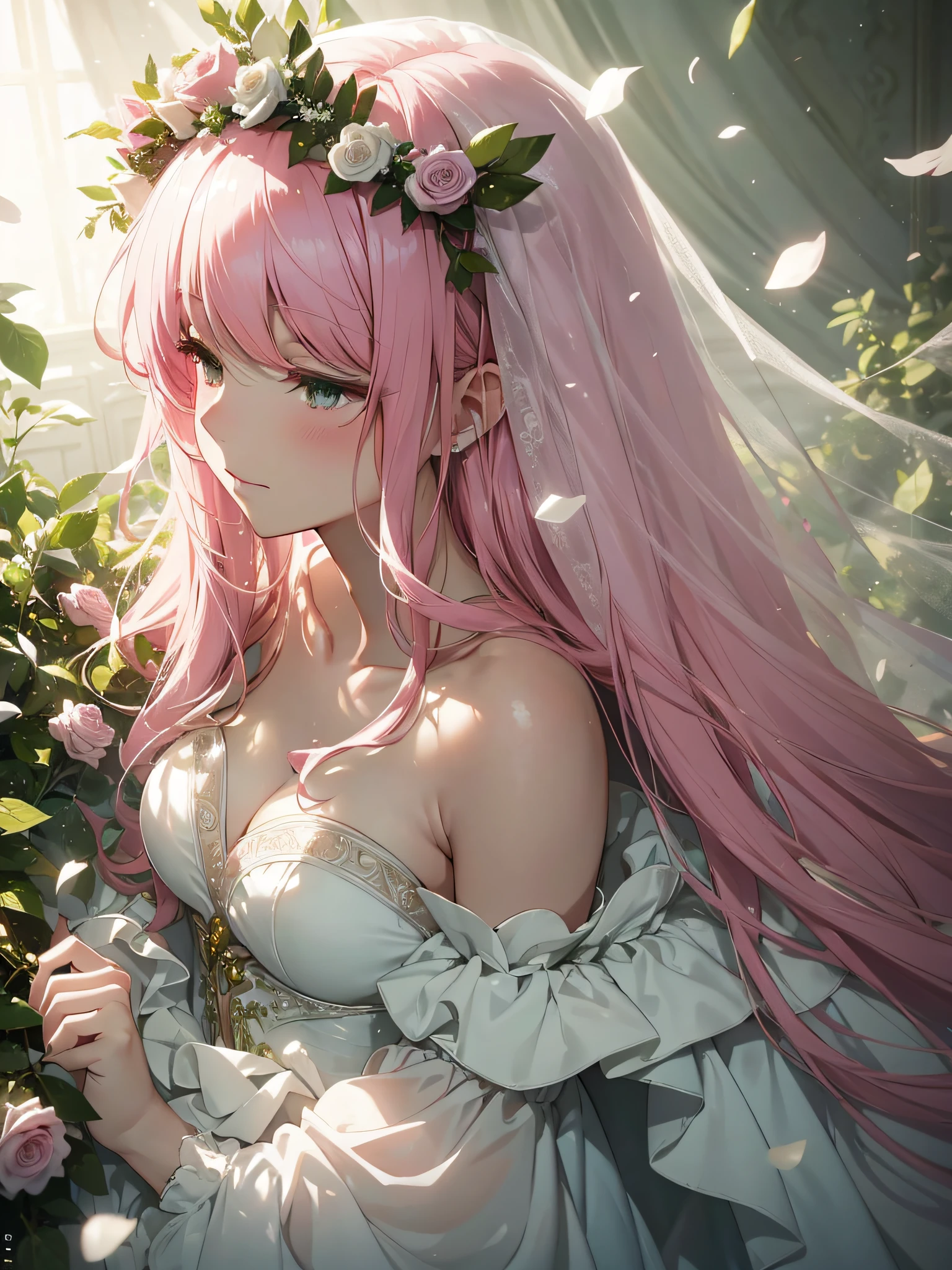 The pink hair bride, the wedding dress is flowing and light, the soft and hazy atmosphere, the soft curves and the fresh emerald green garland create a romantic and mysterious atmosphere, and the moderate saturation color and soft light and shadow match to create a simple and temperamental picture.