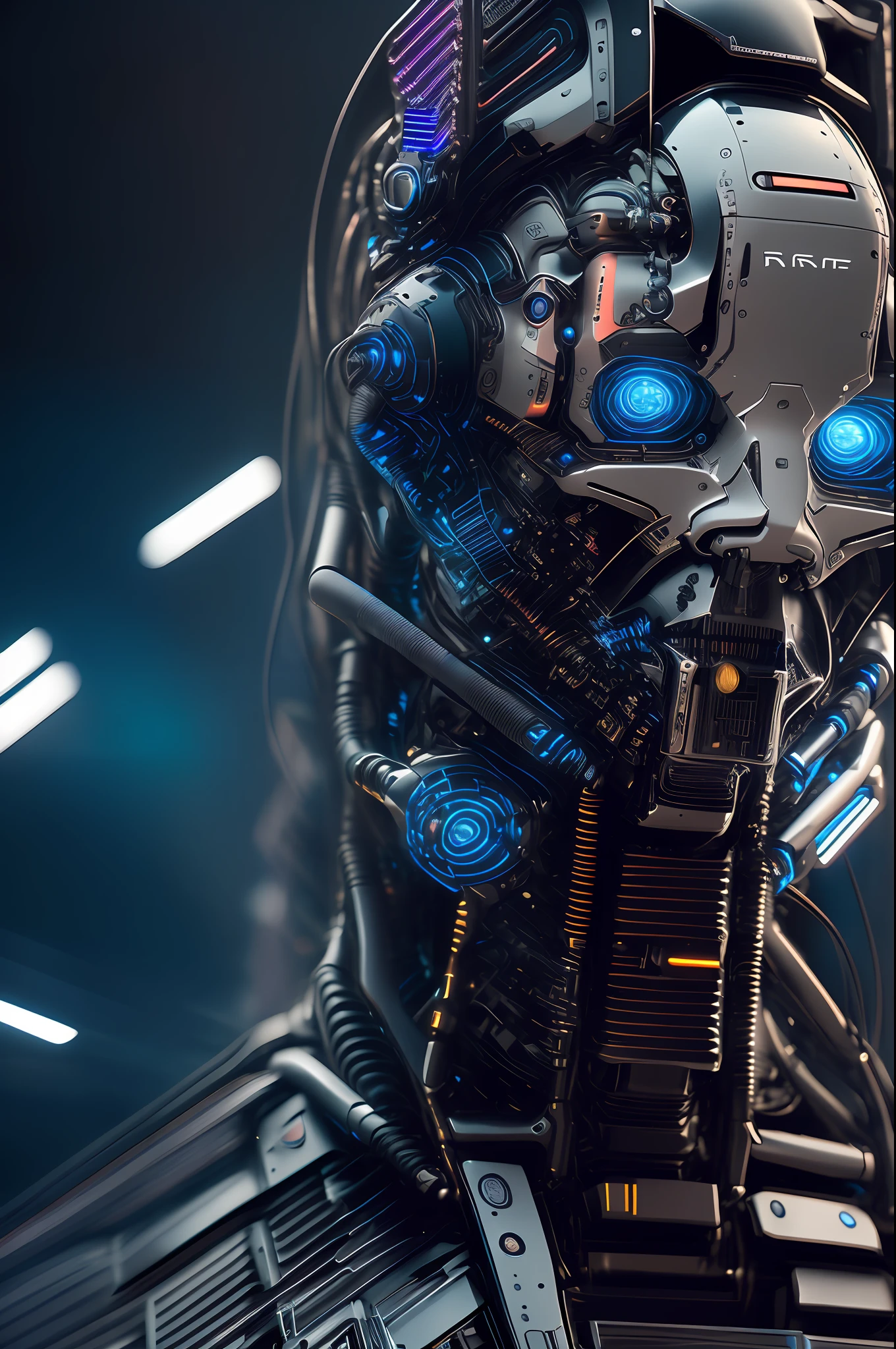 rz88mkultr4, a closeup of a cyborg ,    trending on artstation, ultra realistic, ultradetailed, cyberpunk  details, neon heavy blacks and blue depth camera low angle, 3 5 mm