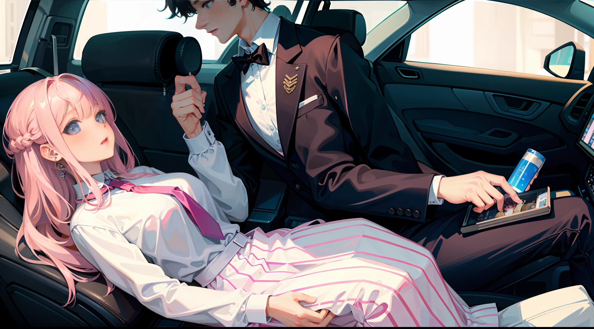 Masterpiece, best quality, super detailed, illustration, beautiful detailed eyes, close up, with a boy and a girl. It is pink hair, white pleated shirt, skirt. The boy is black hair, black suit, black pants. (Boy and girl in the car) and girl touching boy.