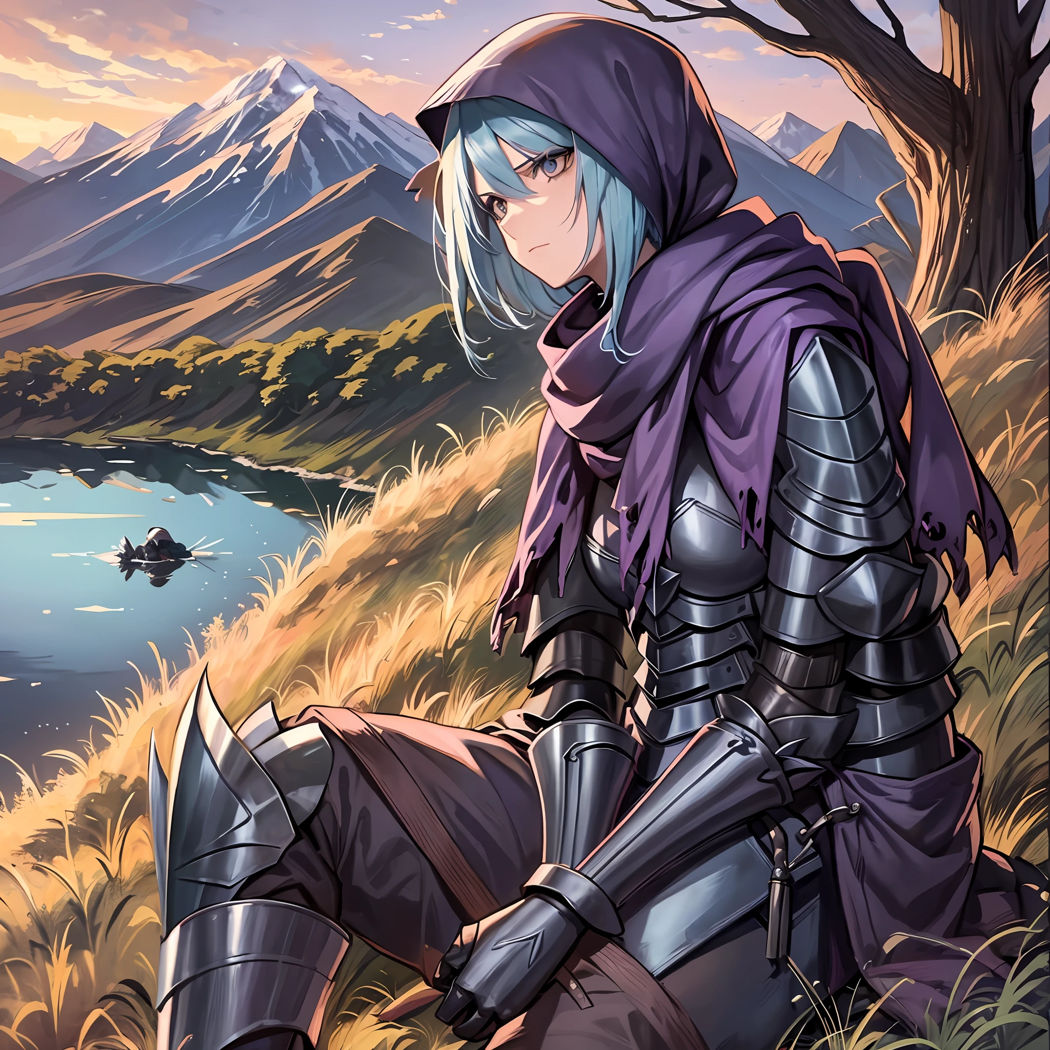 1girl, 1boy, (best quality, beruka, gauntlets), armor, purple scarf, black gloves, pants, boots, bandana on the head, sitting, in front, trees, mountain, beautiful scenery in the background, soft sunset, subtle reflections on the ground.