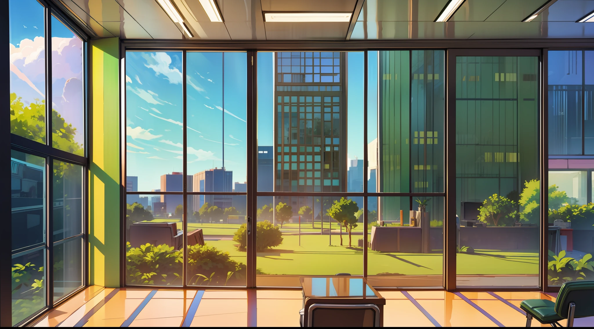 Large companies, work, offices, floor-to-ceiling windows, greenery, no one