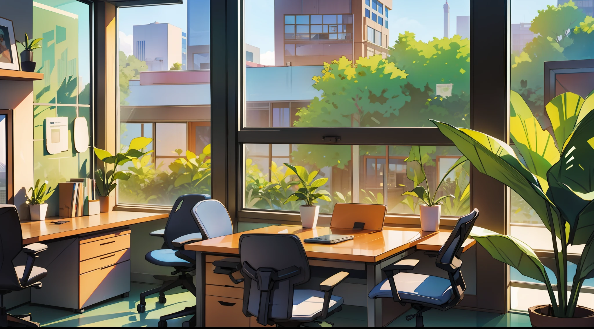 Company, work, office, floor-to-ceiling windows, greenery, no one