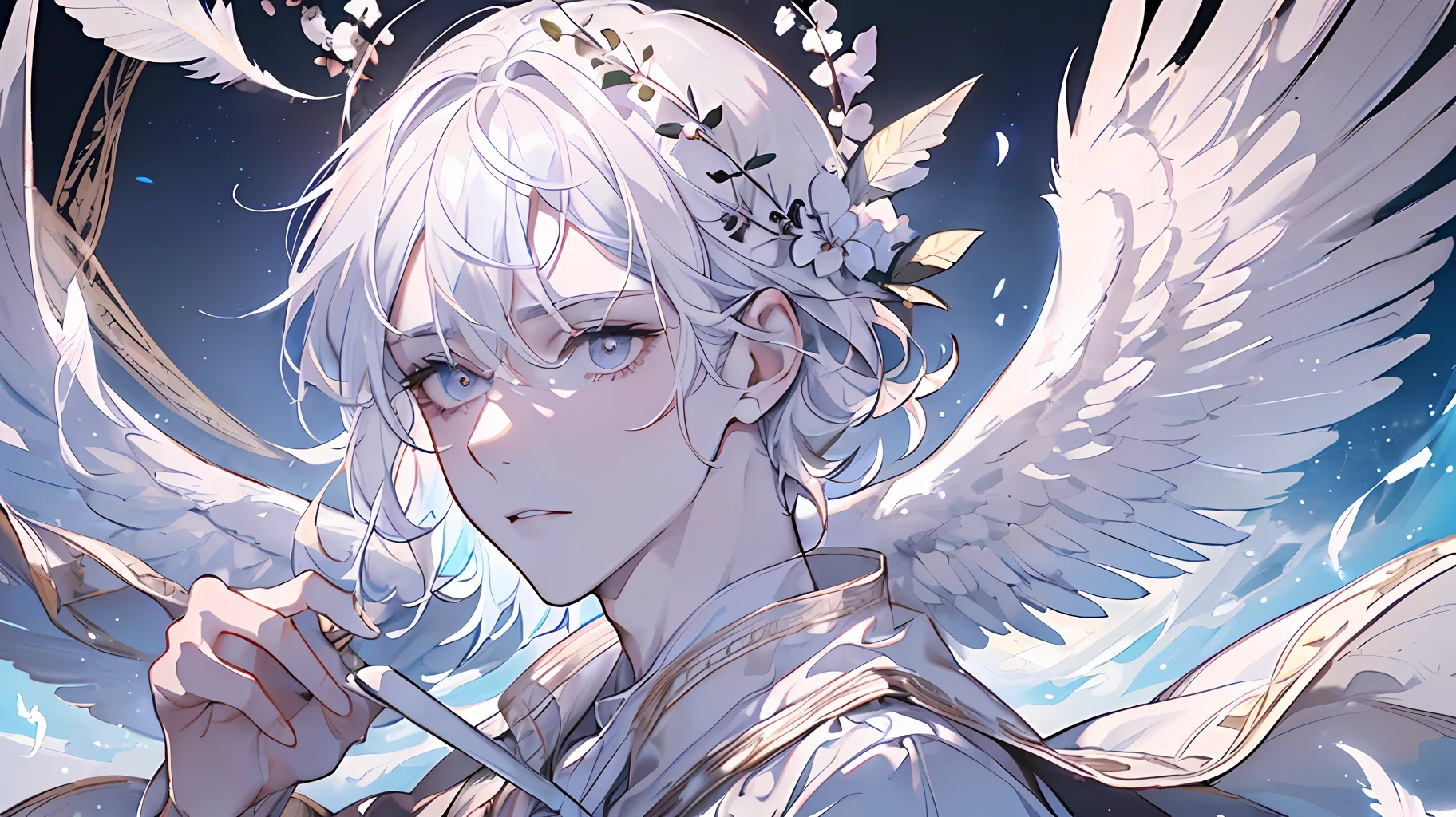 ((Young Men)), Angel, Feathers Flying, White Roman Robe, (Collar), White Hair, (((Extremely Clear and Delicate Depiction of Facial Features))), ((Delicate Eye Depiction)), Dynamic Pose, Dramatic Composition, Extreme Detail, Floating in the Air, Man, Manly, Ruby Eyes, White Dove Resting on Shoulder, Surrounded by Birds, Little Cloth, Halo Effect