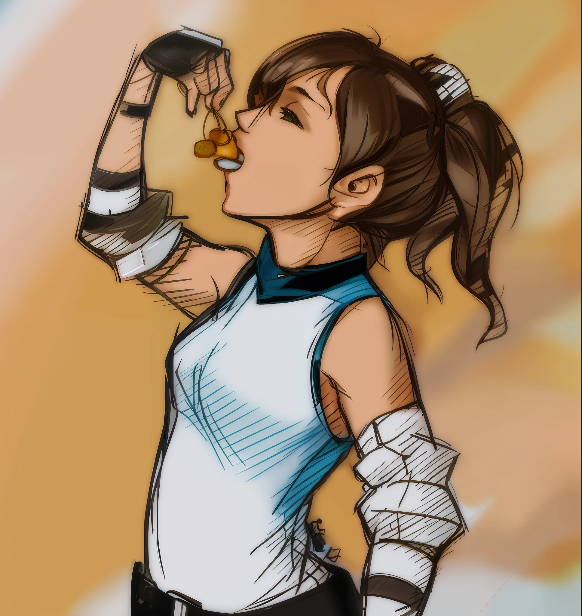a drawing of a girl with a fist and arm braces, chell, lara croft eating durian, portrait of avatar korra, youthful taliyah, akali, badass pose, colored sketch, lowres, lucio as a woman, inspired by Leiko Ikemura, inspired by Taiyō Matsumoto, high quality fanart, female lucio