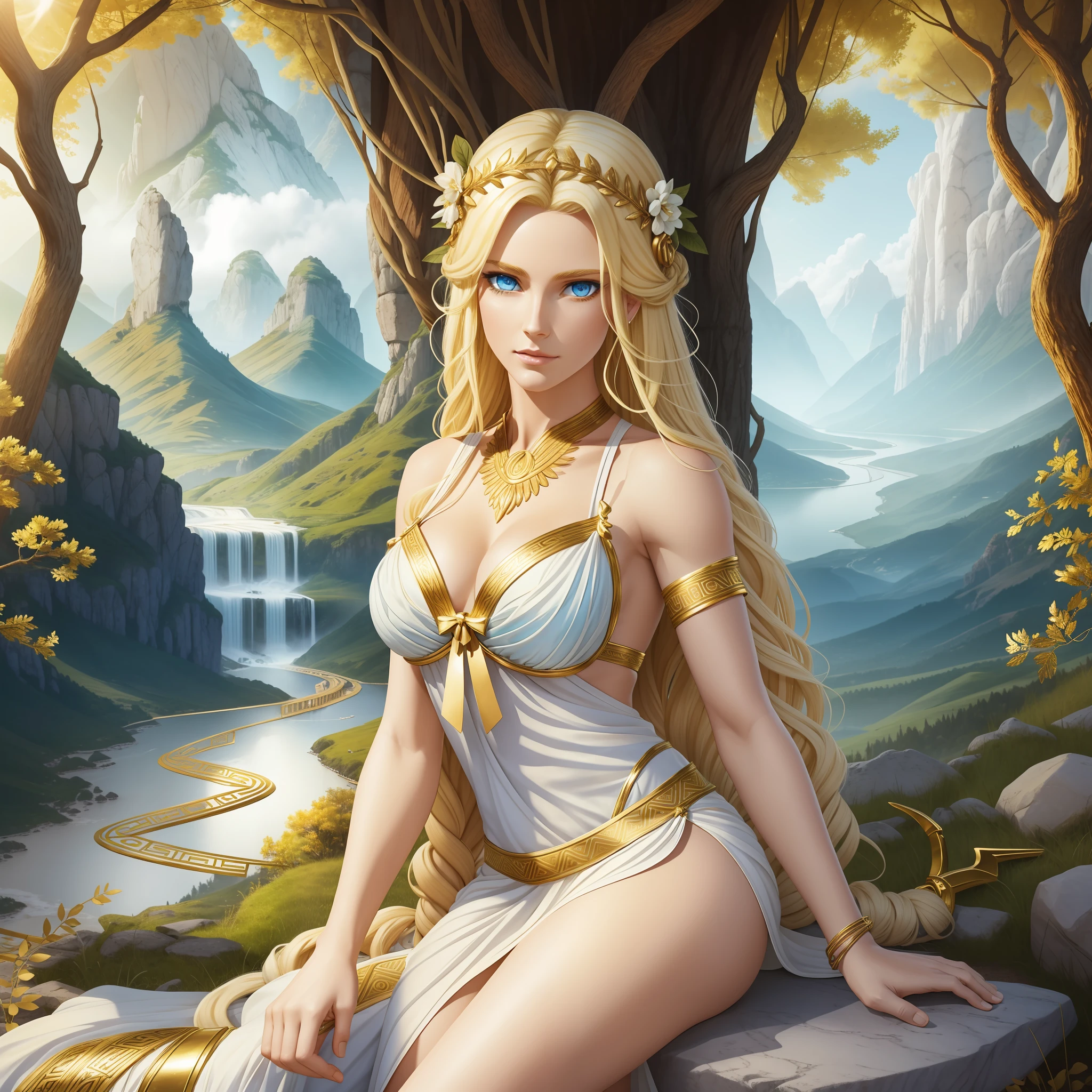 goddess of wild nature and hunting, with (((blonde hair))) and (((blue eyes))), is fair-skinned, is slender and tall, shows off her pair of perfect long legs, wears a sleeveless (very short: 1.7) (white:1.5) greek chiton with golden borders, holds ((golden bow)), "stern and determined", mythical Arcadian mountains and forests, Greek mythology, solemn atmosphere, photorealistic, super high quality, super detail, super hand description, masterpiece, 4K, 8K, HDR