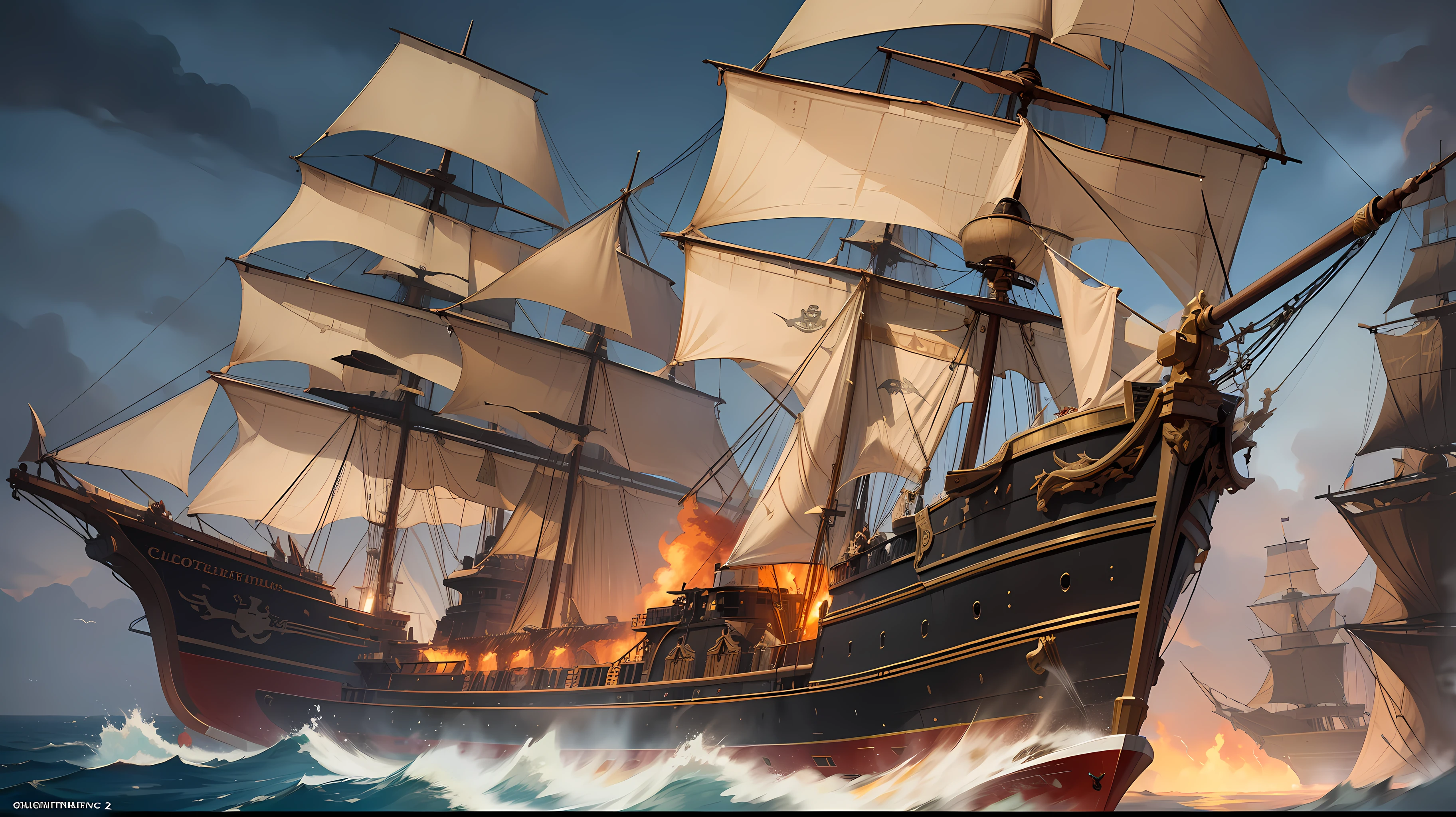 ((masterpiece)),((high detail)),((realistic)),A sea on fire, 3 pirates ships, large and deadly, extra details, relaistically dynamic lightning, pirate flag on the top of each ship, ships are hightech, cybernetic parts in ship, smoke in the sky --auto --s2
