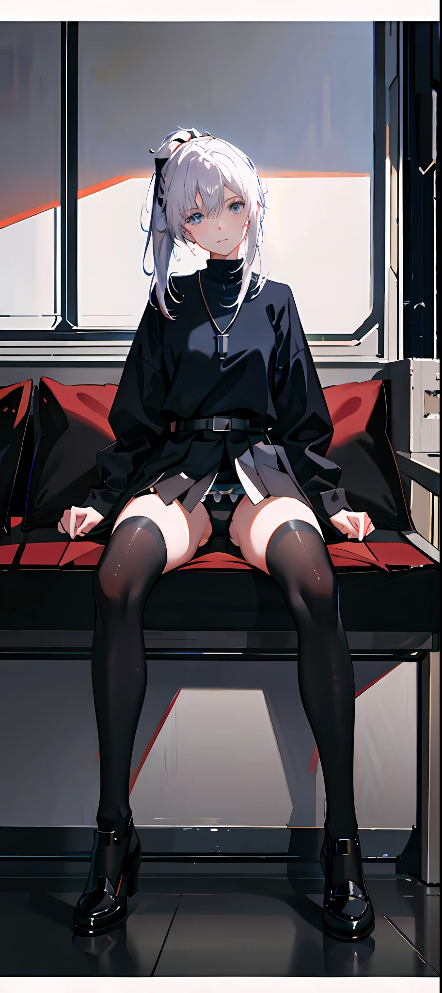 1girl, wearing a tight black military uniform, sitting on the ground, spreading her legs to reveal white panties, tightened by panties, revealing a shy expression, blushing, crying, bangs, white hair, high ponytail, blue eyes, jewelry necklace, leaves, facing the audience, female focus, necklace, solo, watch, watch, messy hair, trends on artstation, 4k resolution, very detailed, anatomically correct, clear images, digital painting, Makoto Shinkai's style,