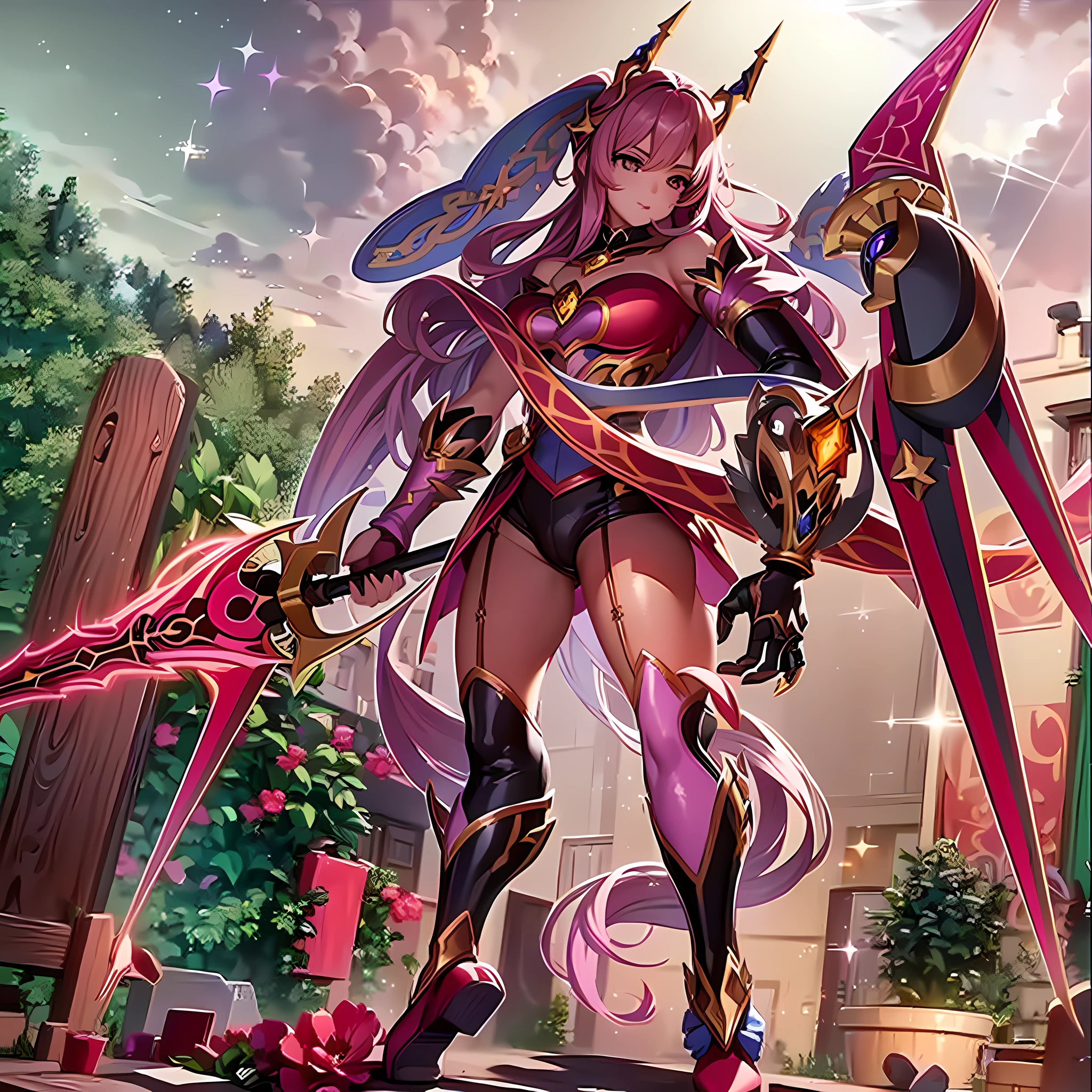 Pick dye, red hair, (magical girl)), ((gorgeous starry sky background), ((super detailed)), (best illustration), ((movie lighting)), dynamic angle, floating, fine, (Glitter: 1.2), (Glow: 1.2), (Glow: 1.2), (Glow: 1.2), (Glow: 1.2), (Exquisite), (Illustration: 1.2), (Animation Style), (Solo), Pretty Detailed Emoji, (Cute Face: 1.3), (Big Eyes)), Color Hair, (Long Hair: 1.2), (Flowing Hair: 1.2), (Magical Girl Costume), Details, (Shiny Wand: 1.3), (Magic Effect: 1.3), (Flowing Dress: 1.2), (Cute Boots: 1.1), (Twinkle: 1.2), (Glow: 1.2), (Glow: 1.2) , (sparkle: 1.2), (sparkle: 1.2), (sparkle: 1.2), (shimmer: 1.2.)