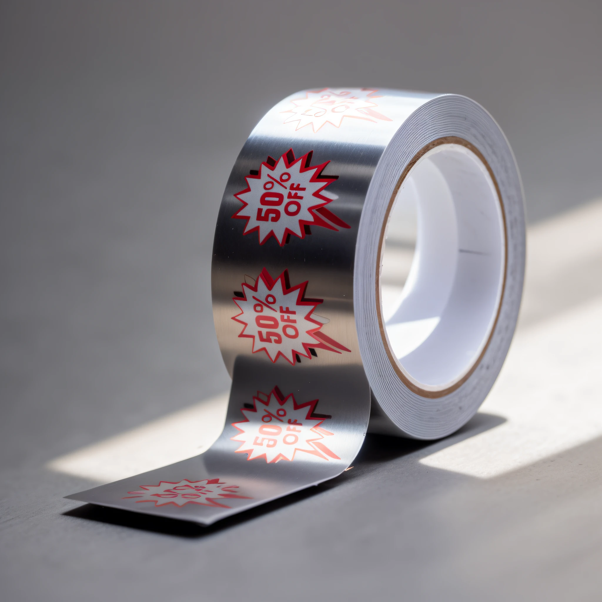 A closeup of a roll of tape with a red star design on top of a metallized base, light gray background, 40mm tape, 3 5 mm, 35mm, 35 mm, official product photo, 5 k, 5k, 35mm stock, 50, super high resolution, right angled view, exclusive, top left angular view, 435456k film, 5d --auto --s2