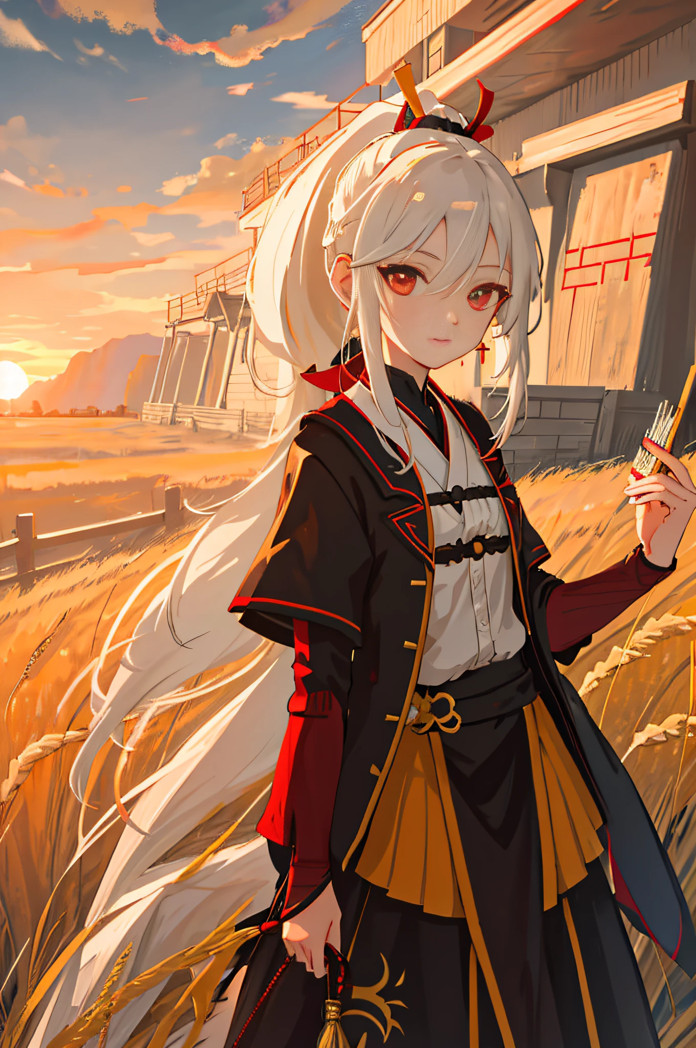 Masterpiece, Superb 1girl, Portrait, White Hair, Ponytail, Red Eye, Samurai, Wheat Landscape, Sun, Clouds, (Neutral Color), (HDR: 1.4)