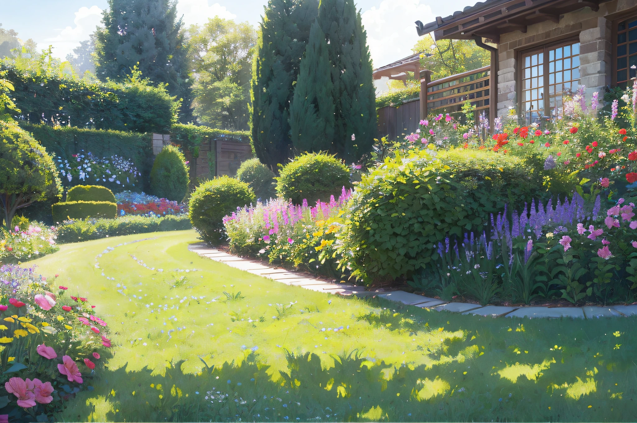 there is a green lawn with a gate and flowers in the middle, lush garden in the background, with a lush grass lawn, lush lawn, garden landscape, beautiful garden on background, garden environment, lush garden surroundings, pastoral backyard setting, parks and gardens, garden with flowers, lush and green, beautiful english garden, garden background, lawn, vibrant greenery outside, beautiful garden --auto --s2