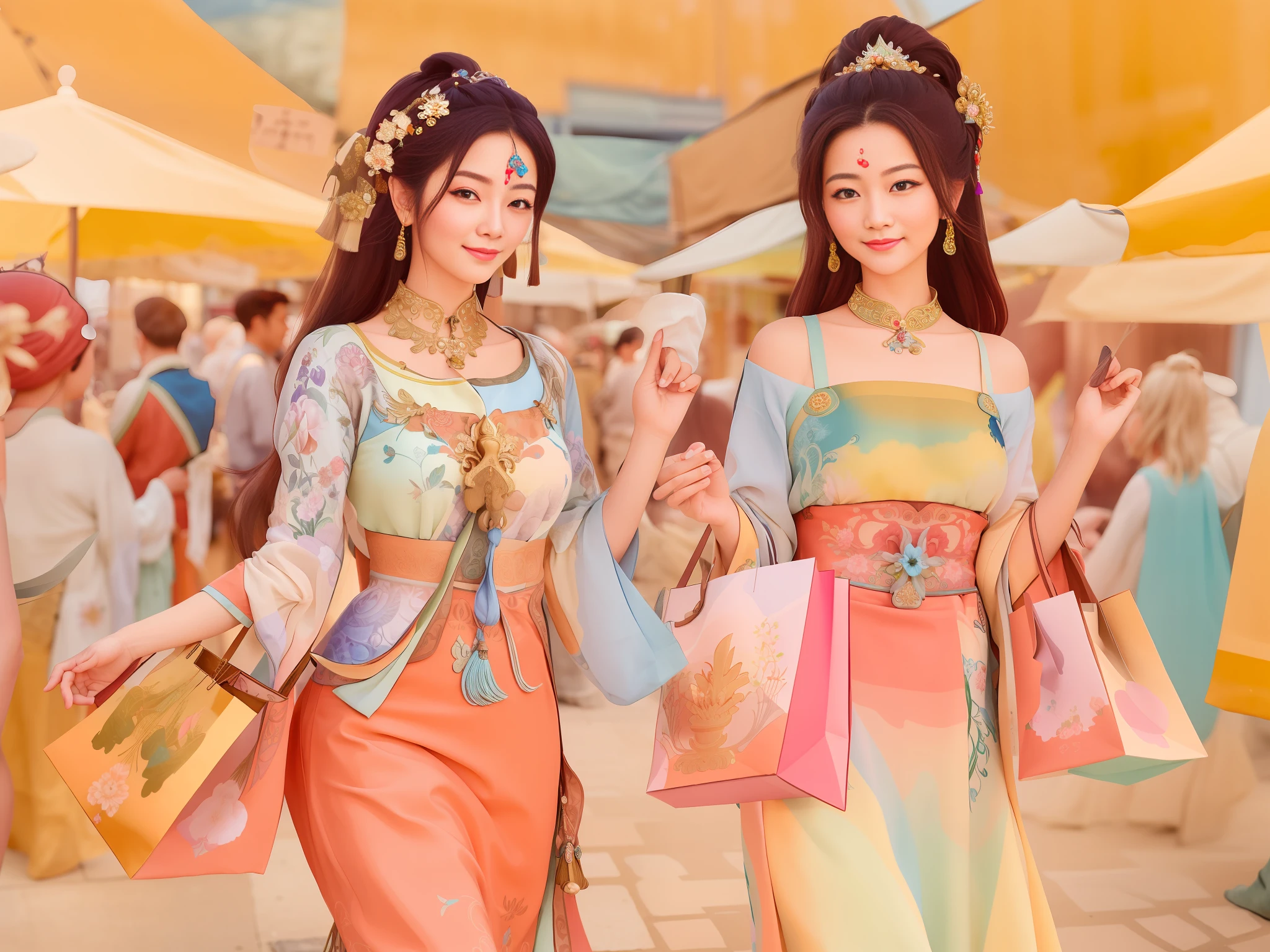 (((best quality))),(((ultra detailed))),(((masterpiece))), illustration, Several ancient beauties dressed in gorgeous costumes joyfully shop in a market in ancient times, carrying small baskets and cloth bags filled with items. The market is full of various goods, making them overwhelmed with choices. Full shot body photo of the most beautiful artwork in the world featuring ancient beauties shopping in a market, smiling, colorful costumes, traditional, cultural, historical, nostalgic, intricate details, high resolution, trending on social media, Instagram-worthy, oriental, elegant, exquisite, graceful, beauty, shopping spree. .beautiful face,dunhuang