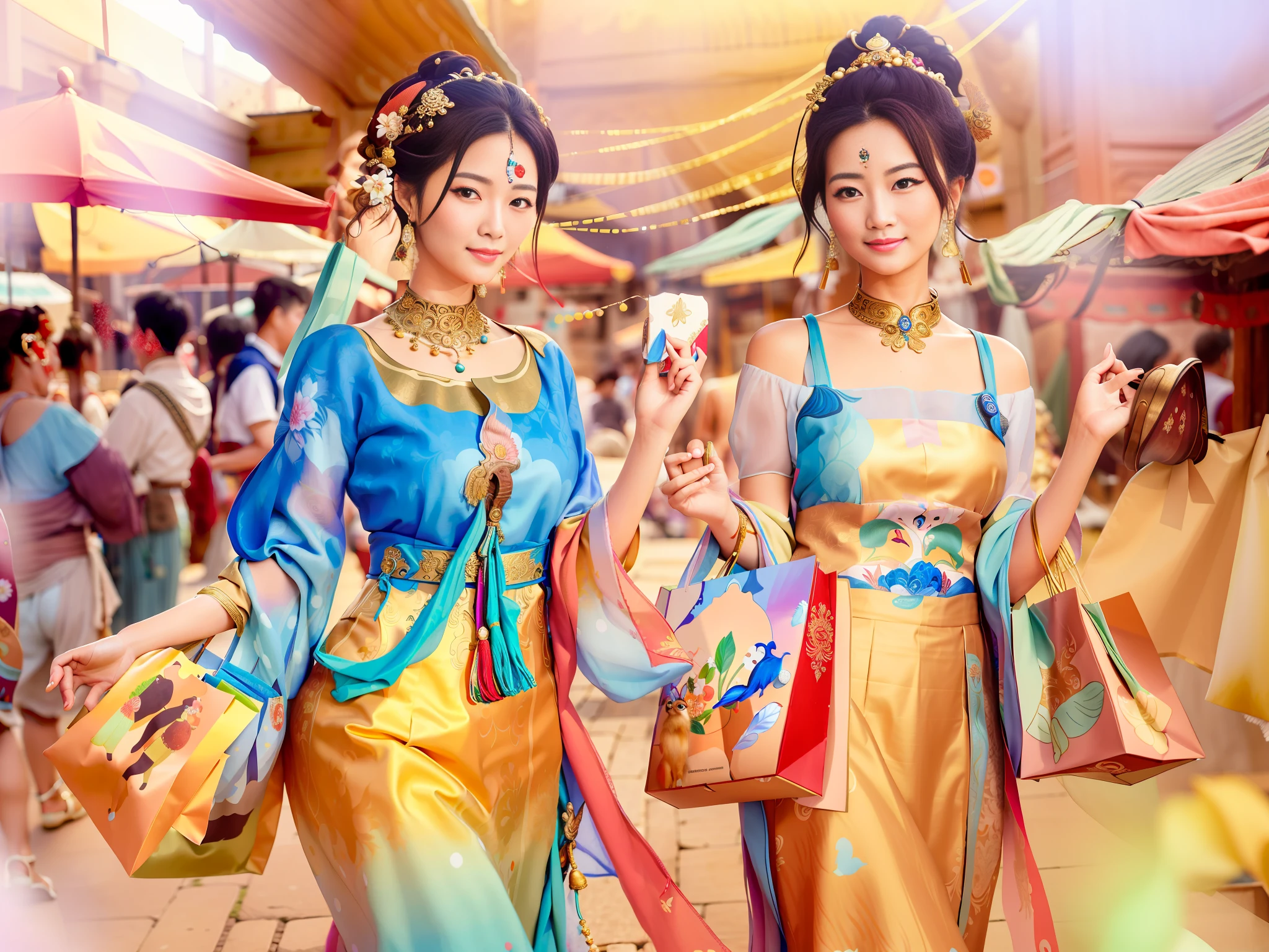 (((best quality))),(((ultra detailed))),(((masterpiece))), illustration, Several ancient beauties dressed in gorgeous costumes joyfully shop in a market in ancient times, carrying small baskets and cloth bags filled with items. The market is full of various goods, making them overwhelmed with choices. Full shot body photo of the most beautiful artwork in the world featuring ancient beauties shopping in a market, smiling, colorful costumes, traditional, cultural, historical, nostalgic, intricate details, high resolution, trending on social media, Instagram-worthy, oriental, elegant, exquisite, graceful, beauty, shopping spree. .beautiful face，dunhuang，good hand:2