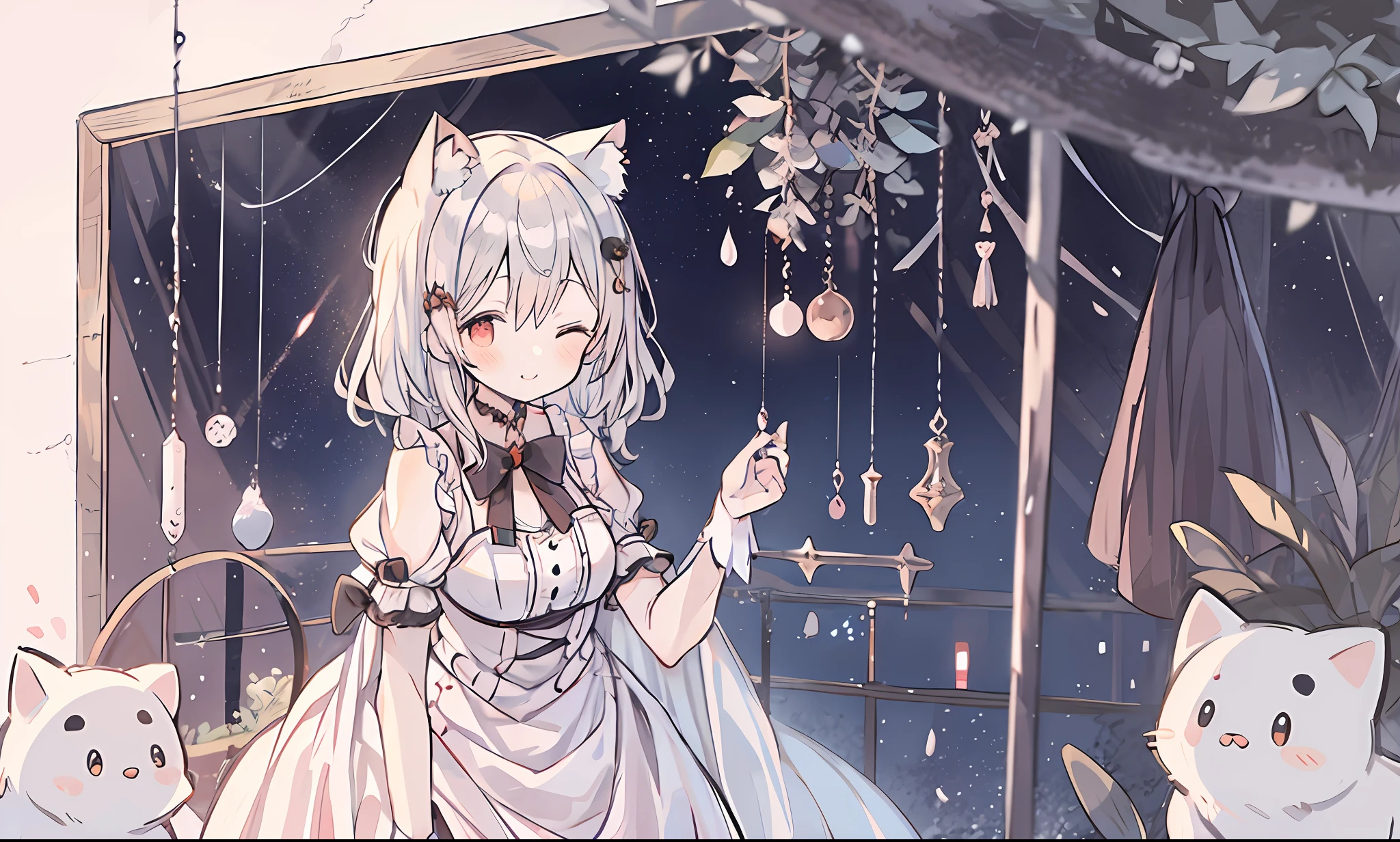 Anime girl with white hair and eyes closed, anime vision of cute girl, white dress, cat ears, white theme, red eyes, cute dress, short hair, wavy hair