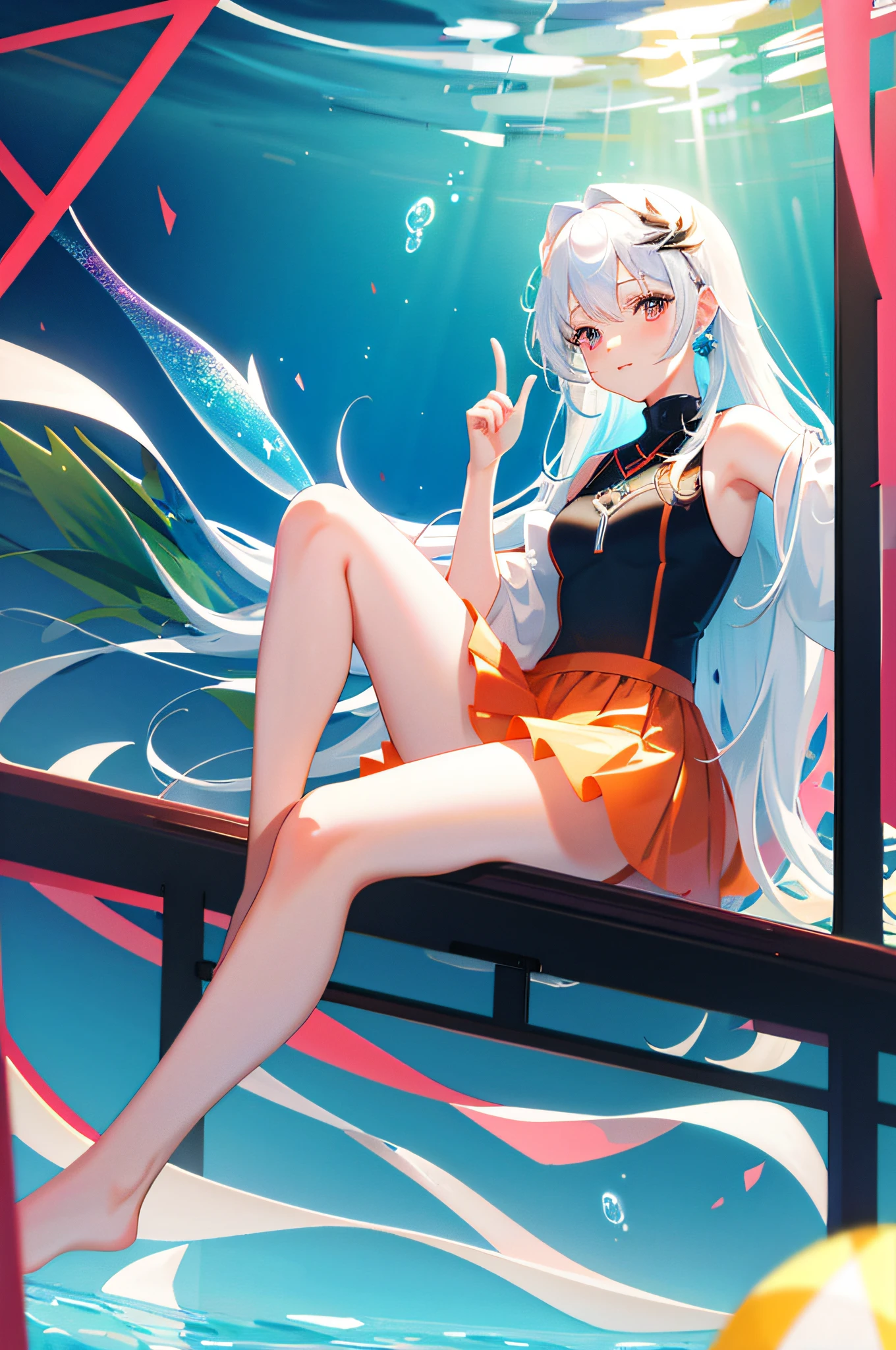 [(transparent background:1.5) :5], (())), ((best quality)), ((best quality)), ((best quality)), illustration, 1 girl, solo, colorful, visual color, Sparkling underwater transparent sealed hemisphere glass dome white hair red eyes full body barefoot long hair tranquil natural koi underwater dome close-up dynamic sports camera perspective (((Box composition))), sitting cross-legged - leaning on the bookshelf, (arm + hand + 1 thumb + 4 fingers), (impressionist: 1.4), 8K