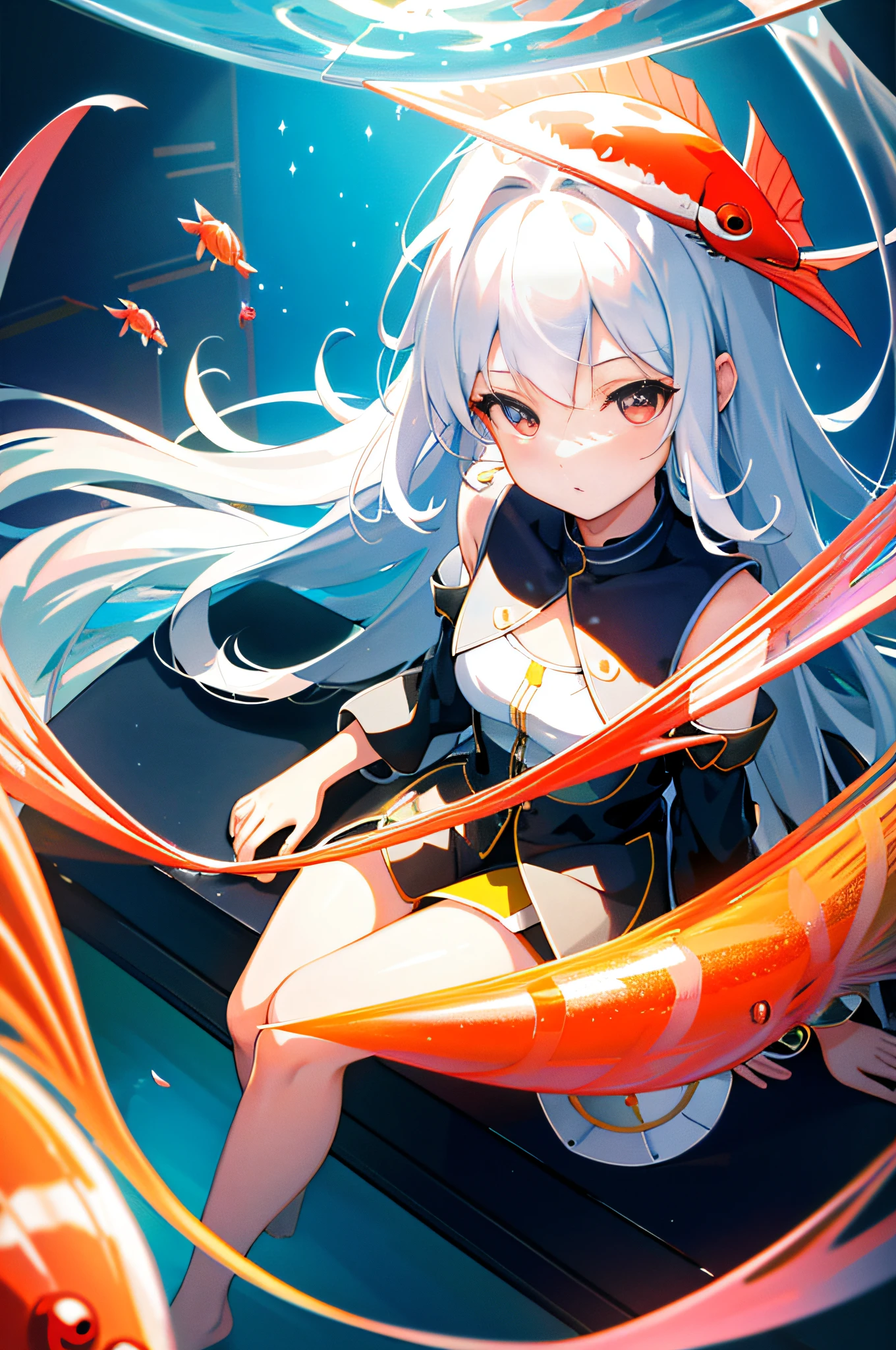 [(transparent background:1.5) :5], (())), ((best quality)), ((best quality)), ((best quality)), illustration, 1 girl, solo, colorful, visual color, Sparkling underwater transparent sealed hemisphere glass dome white hair red eyes full body barefoot long hair tranquil natural koi underwater dome close-up dynamic sports camera perspective (((Box composition))), sitting cross-legged - leaning on the bookshelf, (arm + hand + 1 thumb + 4 fingers), (impressionist: 1.4), 8K