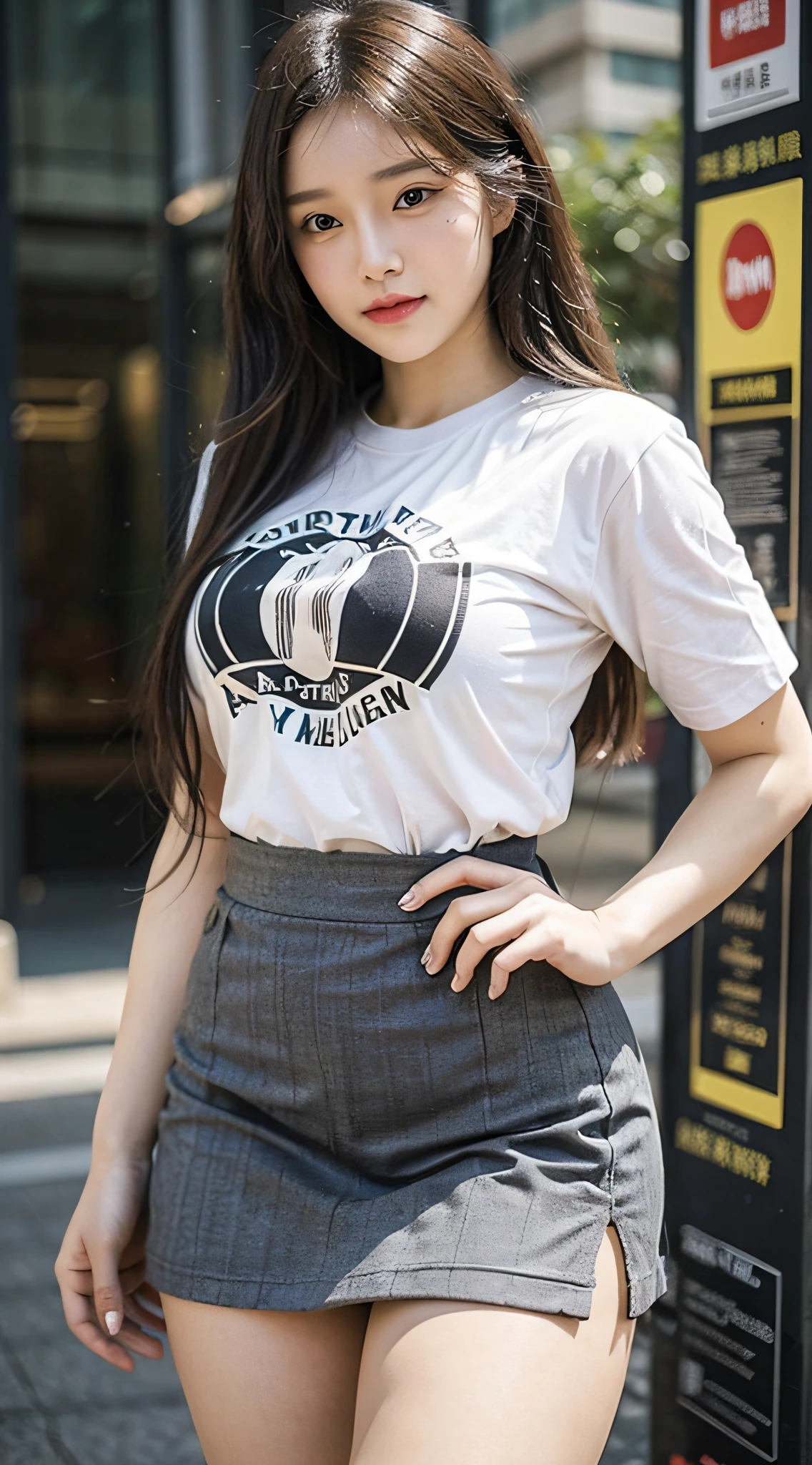 ((Best Quality, 8K, Masterpiece: 1.3)), Fat Body Beauty: 1.4, Chinese Beauty, Bust Fullness: 1.6, Thigh Roundness: 1.6, Long Hair, Highly Detailed Face and Skin Texture, Delicate Eyes, Double Eyelids, Round Face, Thin Lips, Smile, Rich, Fair Skin, (T-shirt, A-line Skirt: 1.6), Standing Posture, Landscape Background