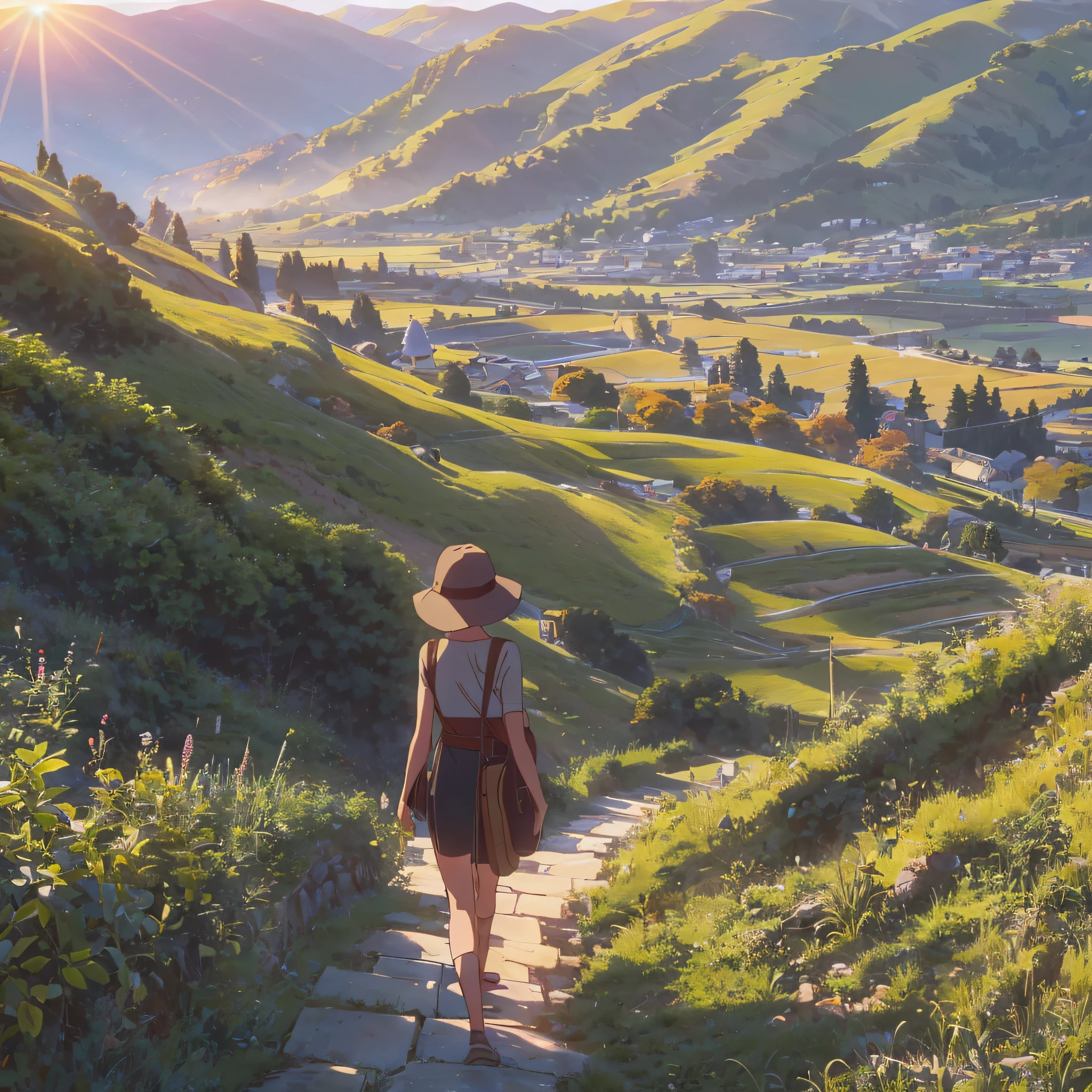 Sick girl: 1.5), (melancholy man: 0.5), vast prairie, (winding path: 1.2), (talking man and woman) (warm sun: 1.2), (garden on the hillside: 1.5 --auto --s2
