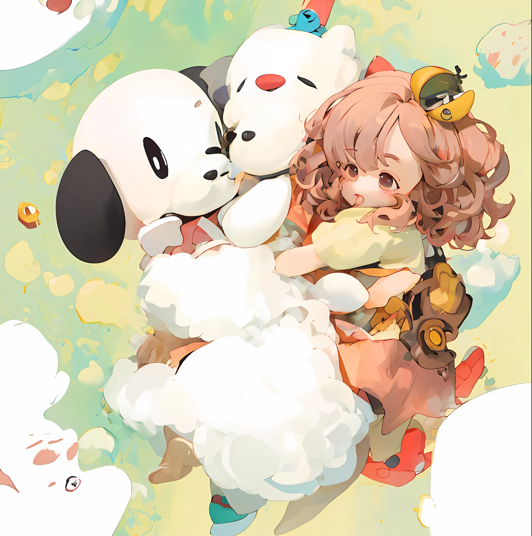 Snoopy and Toy Poodle, hugging, peanut style illustration, similar cuteness, digital coloring, cute, cartoon style, disney, high quality