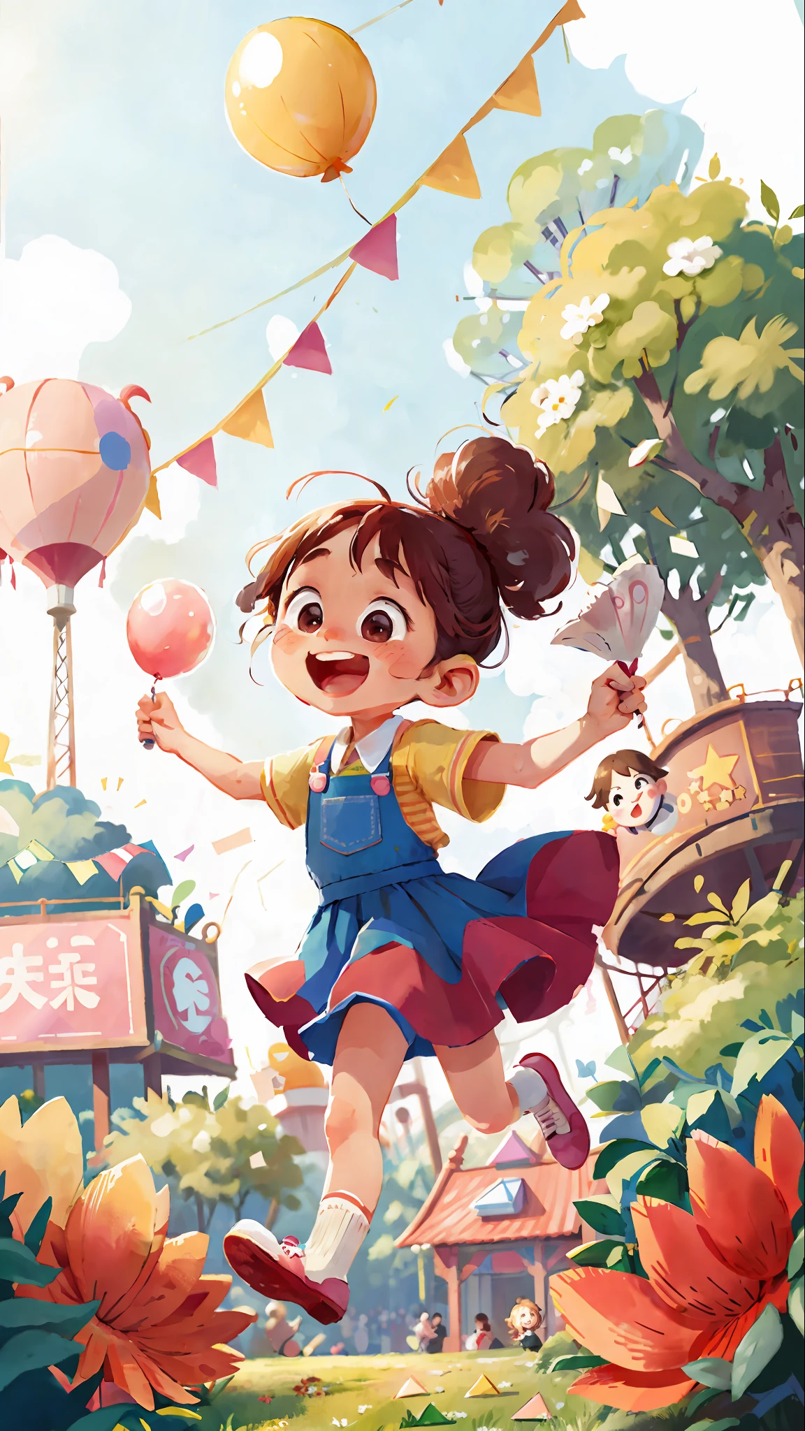 Poster making, in the amusement park, a  girl holding a balloon, happy, jumping, happy --v 6