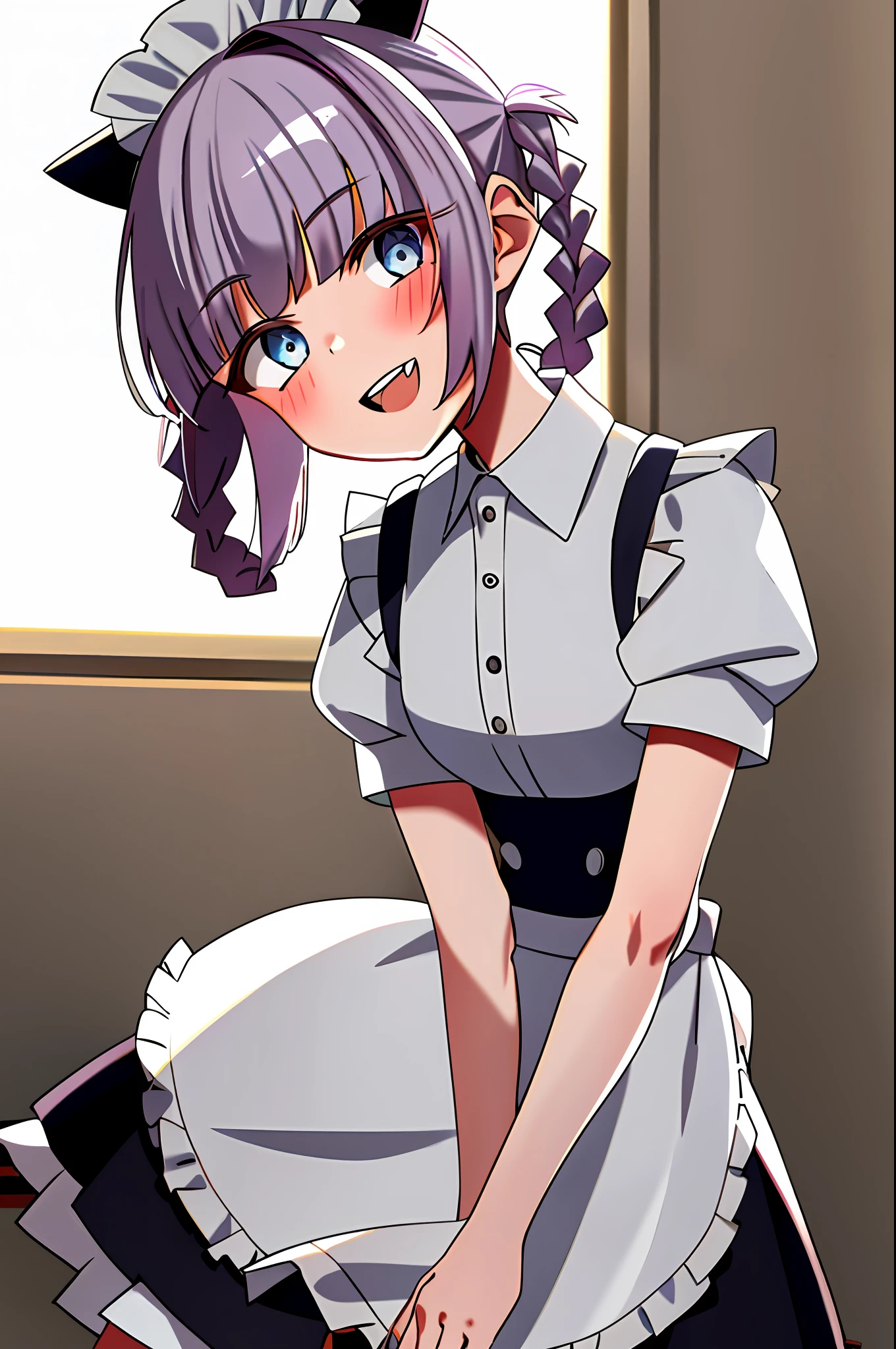 nanakusa nazuna,
1girl, :d, apron, bangs, black skirt, blue eyes, blunt bangs, braid, indoors, head tilt, heart, light blush, looking at viewer, maid, maid apron, maid headdress, open mouth, purple hair, shirt, short hair, side braid, single braid, skirt, smile, solo, teeth, upper teeth only, white shirt