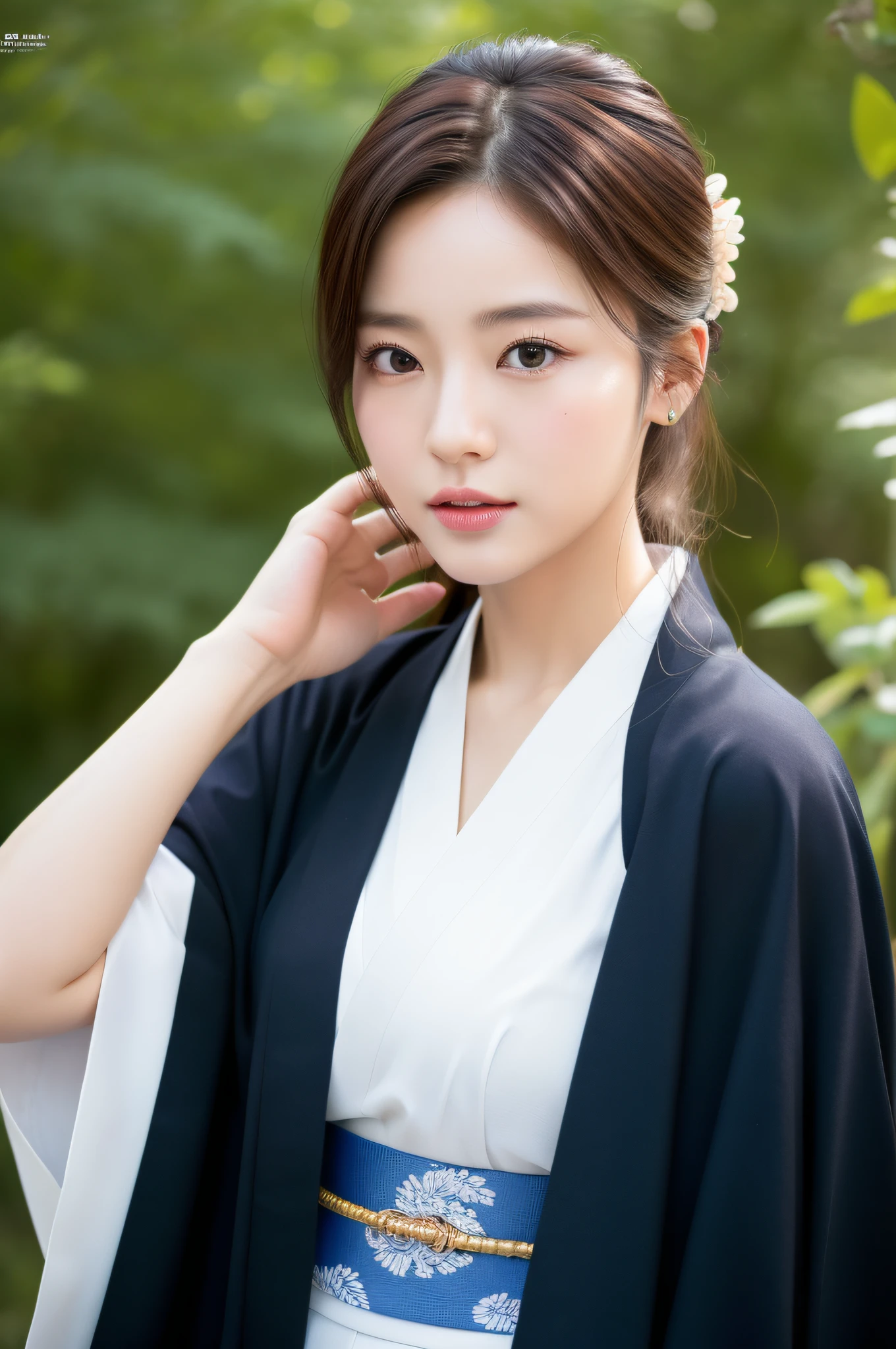 ((Top Quality, 8K, Masterpiece: 1.3)), Sharp Focus: 1.2, (Super Beautiful Face: 1.0), (Glossy Skin: 1.0), Realistic Photos, Black Hair, Realistic Pupils, Movie Lighting, Highly Detailed Eyes and Face, Movie Lighting, (Cowboy Shot: 1.0), (kimono, hakama, obi: 1.15), (Korean Cute Actress), in nature