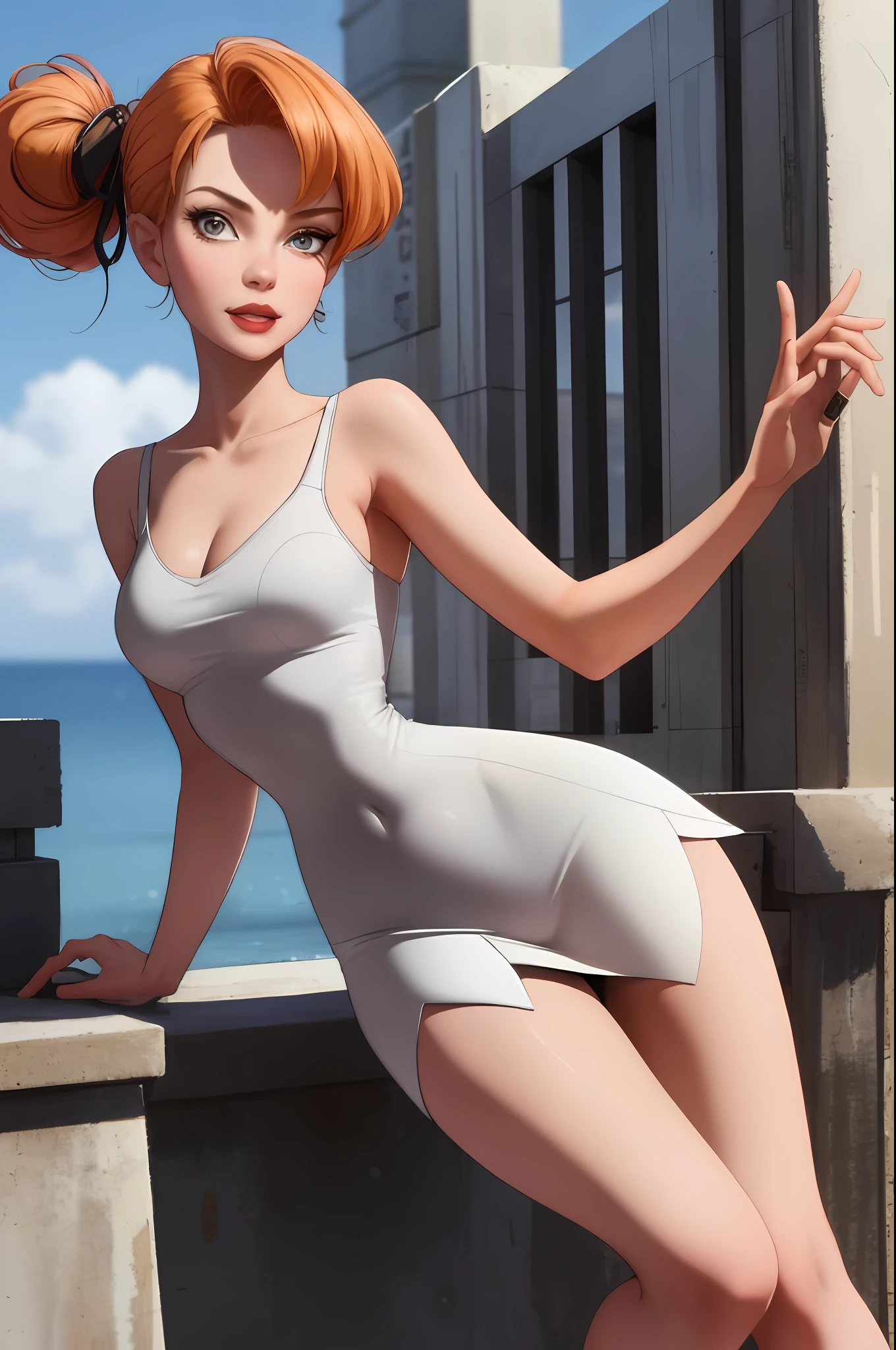 Adult woman, (smile: 0.6), short red hair, (large breasts: 1.1), red eyes, sexy, small waist, (wide hips), transparent cardigan, (masterpiece: 1.2, superb), realistic, (real shot, fine Crafted, depth of field), (1girl, solo), makeup, noble, (noble shirt and leggings: 1.3), elegant, blush, dignified, proud, confident, (white and shiny skin), beautiful and diverse jewelry, mature, married, (thin), (big ass: 1.3), bonny, (small mouth), there is a woman in a short dress posing for a photo, succubus in tight short dress, tracer in a tight dress, character is in her natural pose, anya from spy x family, casual pose, sexy pose, rendered in sfm, very sexy outfit, render photorealistic anime girl, realistic shaded perfect body, semi-realistic render, Thicc