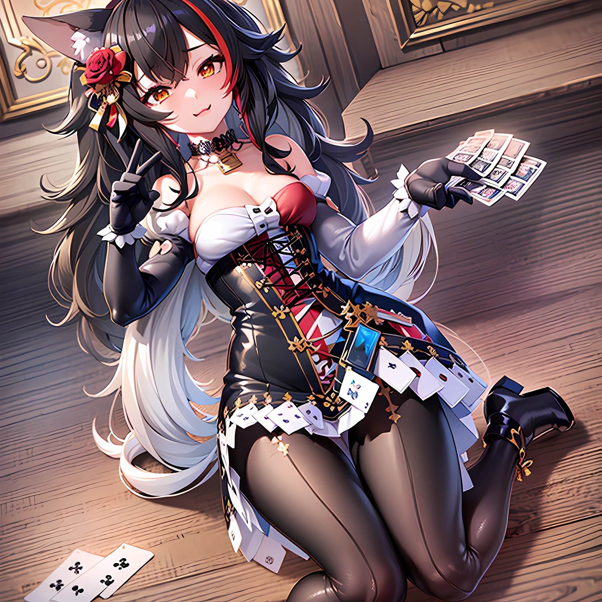 Highly detailed, very detailed 8K wallpapers, very detailed CG Unity 8K wallpapers, masterpiece, best quality, super detailed, (full body), (NSFW:1.1), miosha1, hair flower, twintails, hair over one eye, wolf tail, elbow gloves, playing card, pantyhose, puffy sleeves, corset, choker, two-tone dress