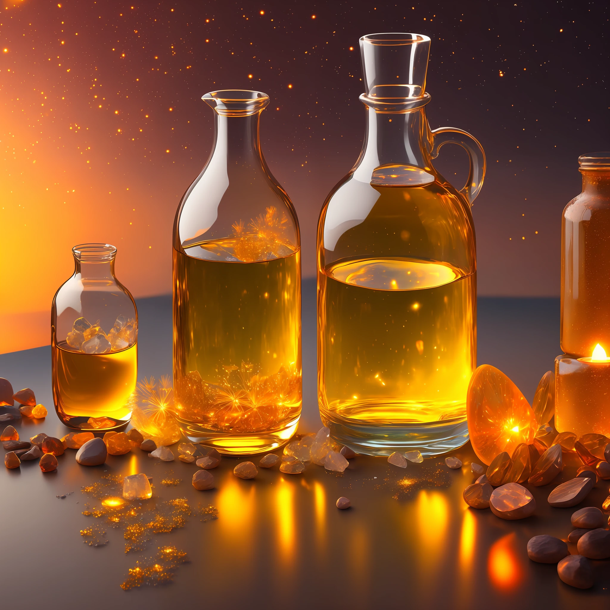 Computer, Extensive landscape ultrasound photography (general view, which shows a glass glass, glass bottle, inside, dandelion, ), bottle, loaf (detailed description of the bottle, dandelion), glass, (detailed description), inside the glass dew (ultradetail), yellow dandelion (detailed), morning sky (detailed), bottle, reflection of dawn (1: 3), fireflies (1: 3), (ultra-detailed description of appearance), bottle, candle (crystals: 1,2), BREAK production art, (cold light source: 1.2),  (Firefly:1.2),orange, yellow, fire particles, colors, intricate details, volumetric lighting, realistic fantasy BREAK (masterpiece:1.2), reflection, (best quality), 4k, ultra detailed, (dynamic composition: 1.4), high detailed, colorful details, (warm colors: 1.2), (luminous lighting, atmospheric lighting), warm, light, magical, --auto --s2