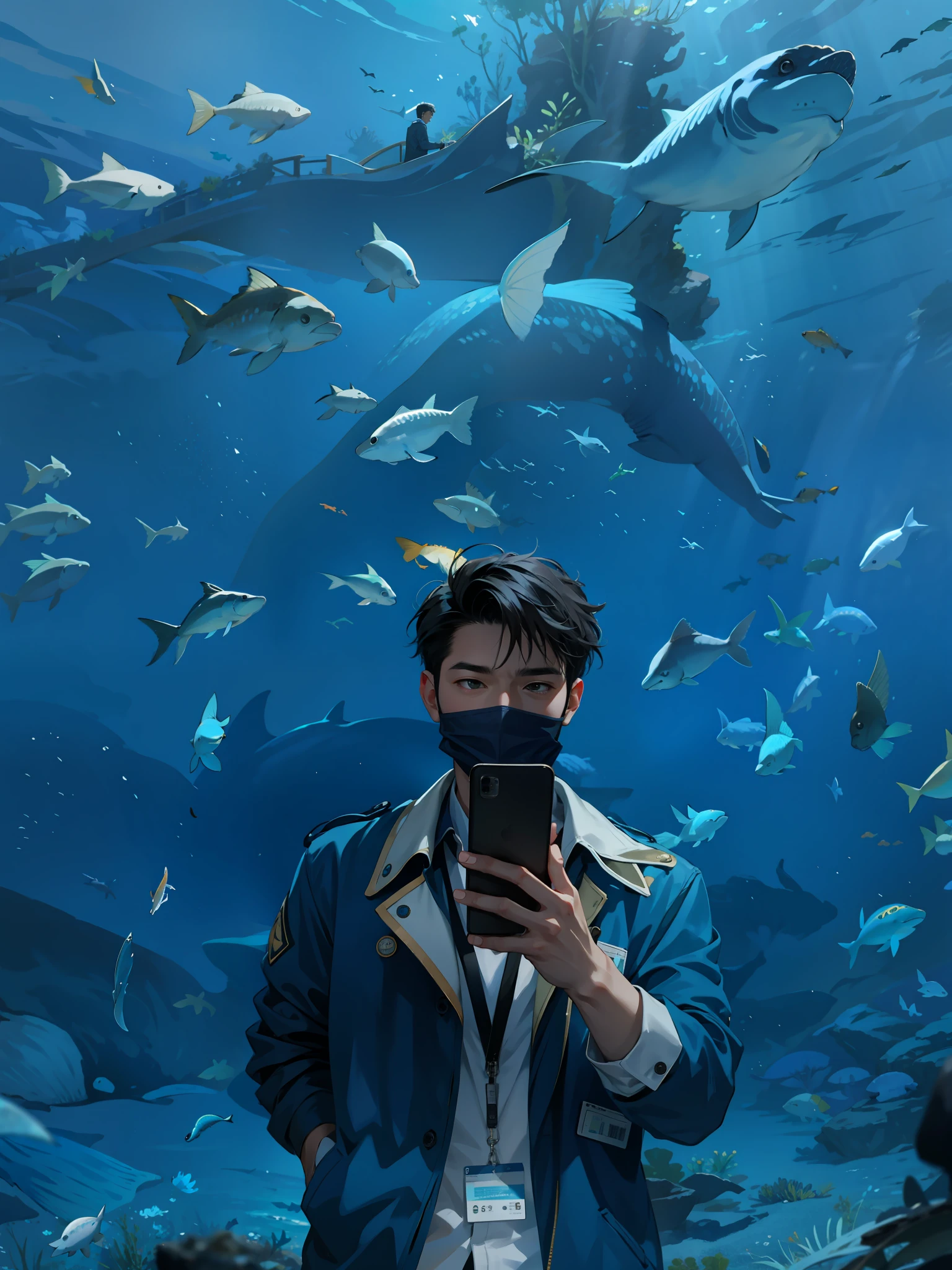 (3D:0.5,realistic:0.5,photorealistic:0.5),(absurdres,Super-resolution,masterpiece,best quality,finely detailed,absurdres:1.2), dramatic light, dramatic illumination, cinematic, anime scenery, makoto shinkai, ghibli, aquarium, aqua world, fish, whale, 1male, asian male, handsome boy, attractive boy, holding phone, blue jacket, black short hair, lanyard, id card, name tag, fantasy world, magical, beautiful underwater scenery, fish, mermaid, stingray, jellyfish