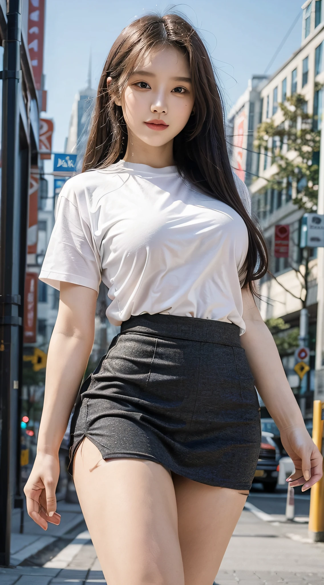 ((Best Quality, 8K, Masterpiece: 1.3)), Fat Body Beauty: 1.4, Chinese Beauty, Bust Fullness: 1.6, Thigh Roundness: 1.6, Long Hair, Highly Detailed Face and Skin Texture, Delicate Eyes, Double Eyelids, Round Face, Thin Lips, Smile, Rich, Fair Skin, (T-shirt, A-line Skirt: 1.6), Standing Posture, Landscape Background