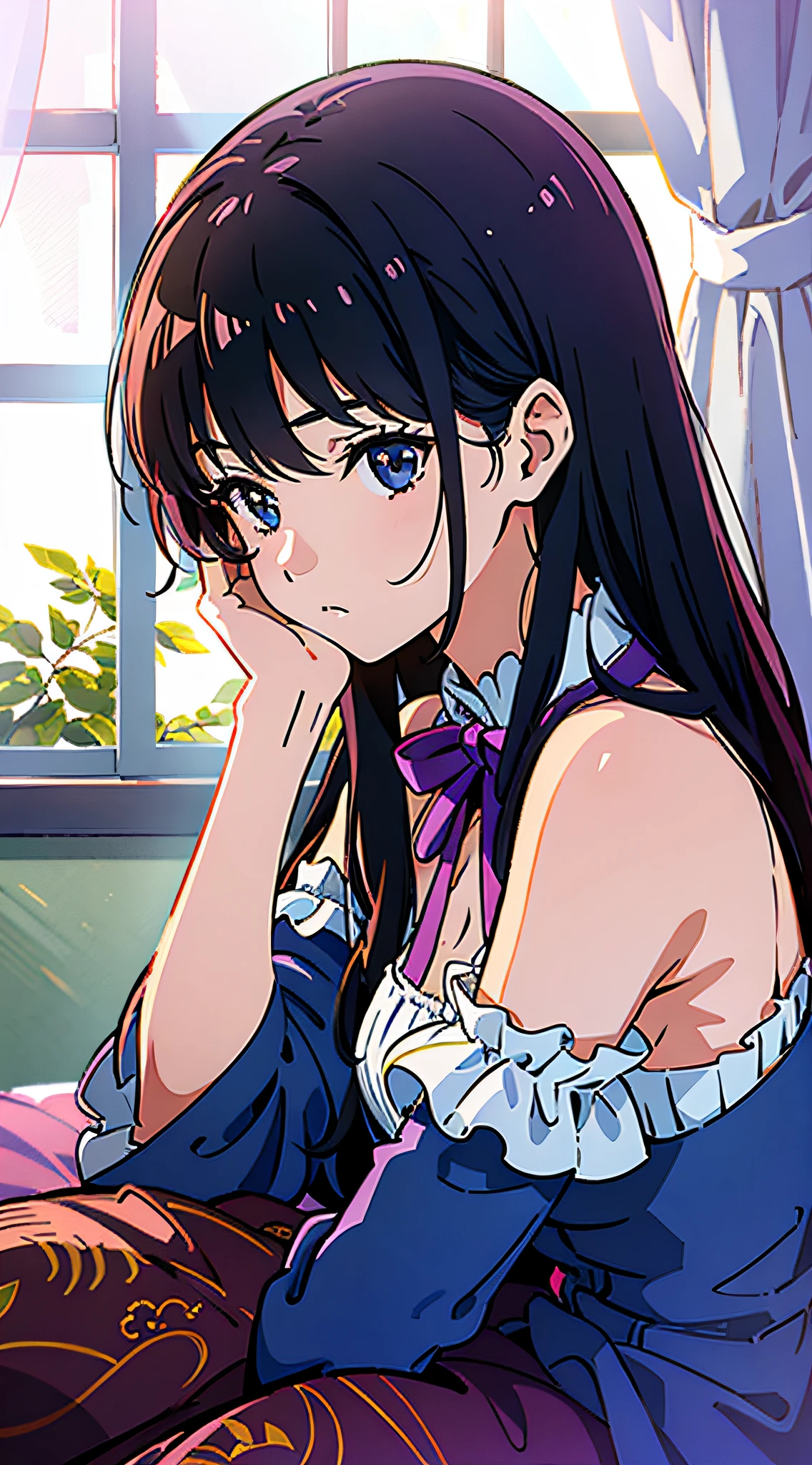 "The girl stared at her arm, the girl sat alone on the bed, her thoughts slowly fell silent, the curtains swayed slightly, and the sunlight outside shone warmly on her face through the window screen."