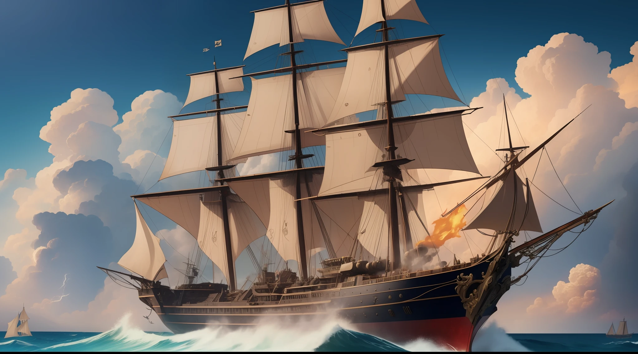 ((masterpiece)),((high detail)),((realistic)),A sea on fire, 3 pirates ships, large and deadly, extra details, relaistically dynamic lightning, pirate flag on the top of each ship, ships are hightech, cybernetic parts in ship, smoke in the sky --auto --s2