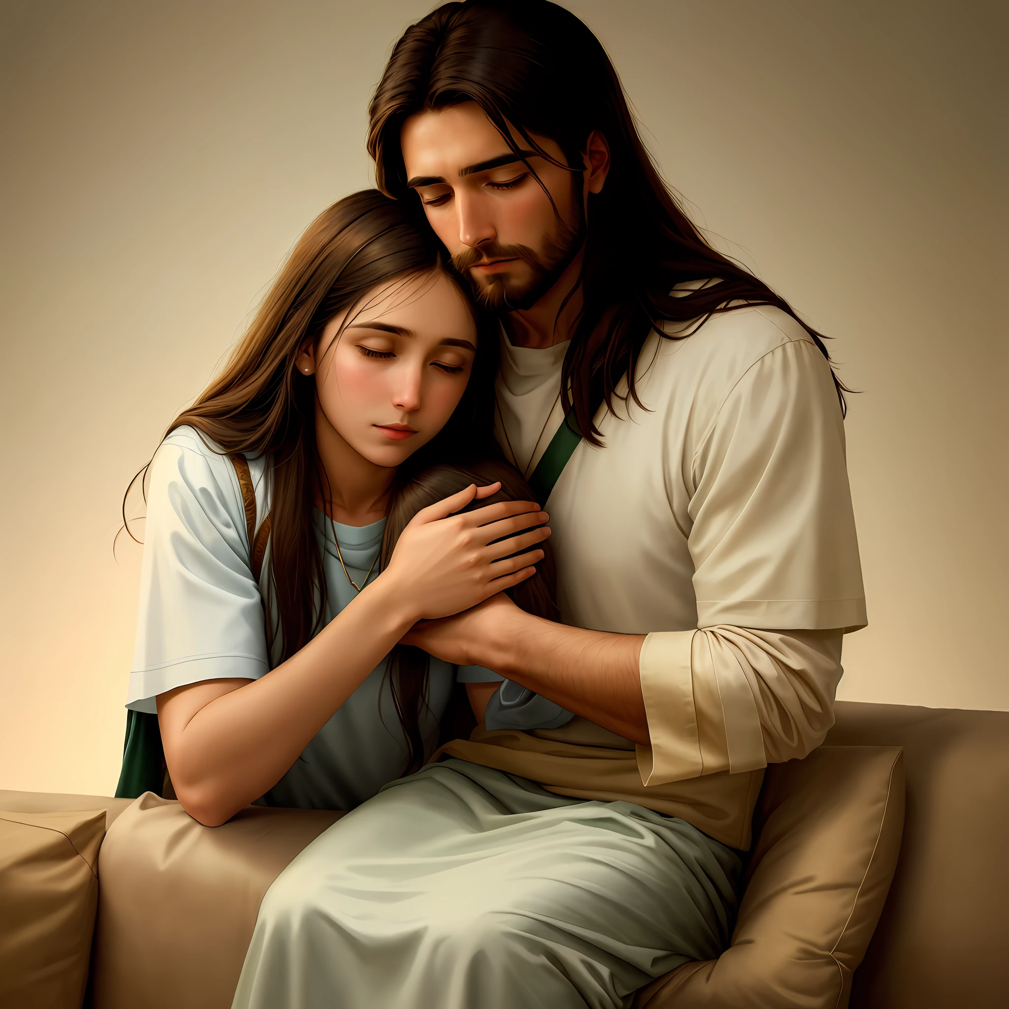 ((Masterpiece)), high quality, ultra detailed image, better lighting, the consolation of Jesus, sacred scenes, exciting, divine consolation, sacred aura, gentle and tranquil expression, sacred characters, vibrant colors, biblical story, divine light, heavenly background.