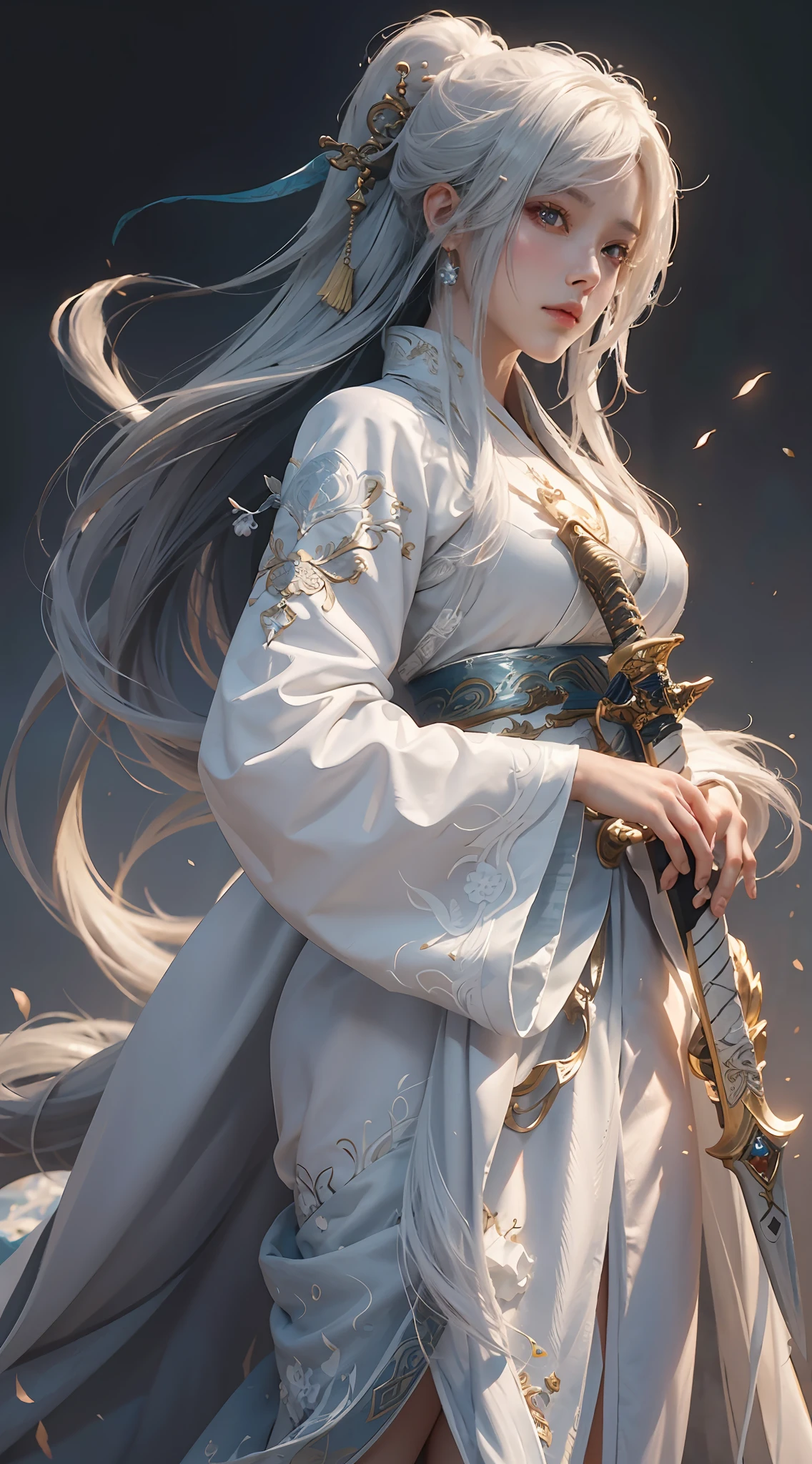 a close up of a woman with a sword in a white dress, a character portrait by Yang J, trending on cgsociety, fantasy art, beautiful character painting, artwork in the style of guweiz, guweiz, white hanfu, flowing white robes, full body wuxia, epic exquisite character art, stunning character art, beautiful female assassin --auto --s2