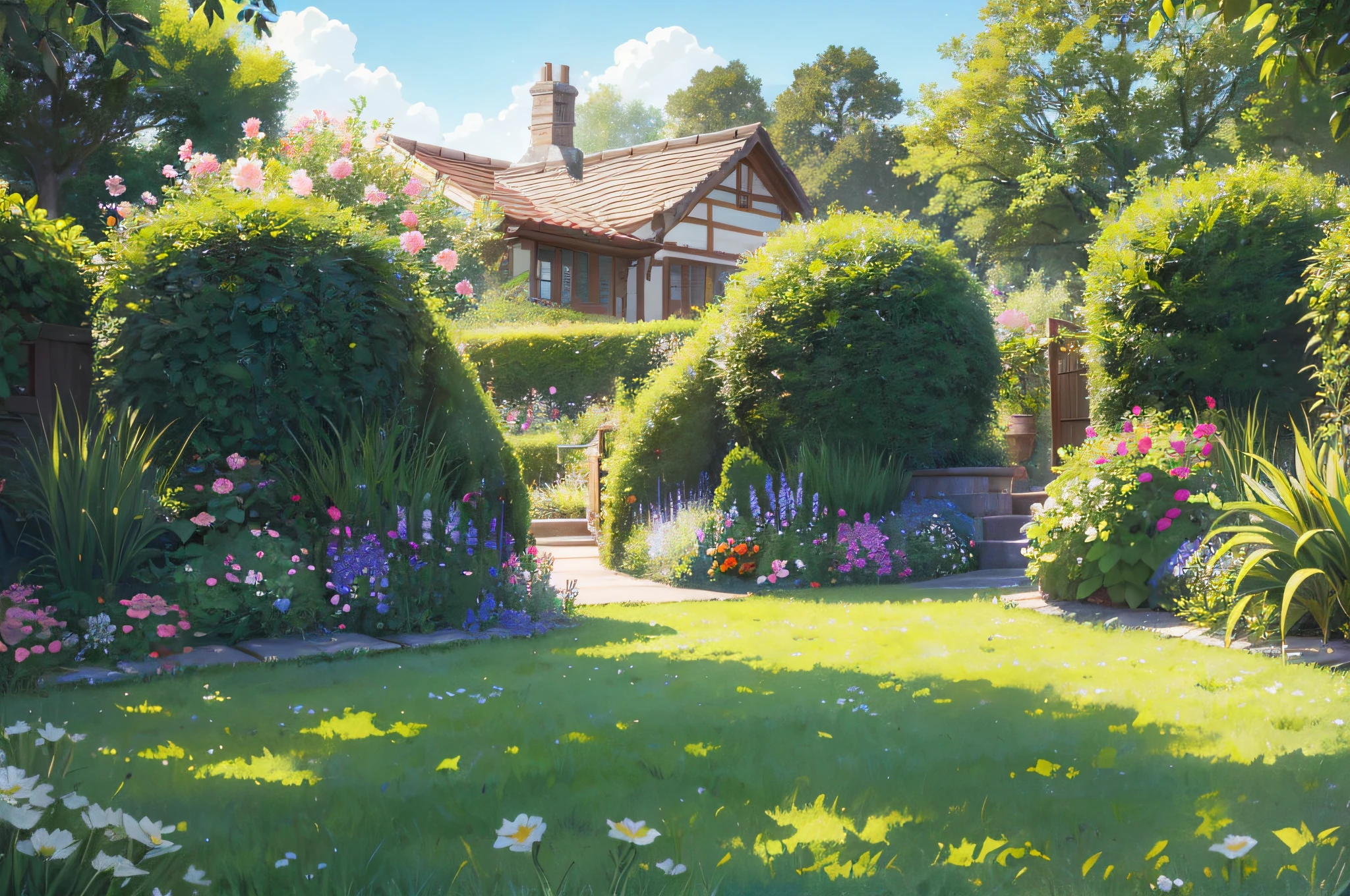 there is a green lawn with a gate and flowers in the middle, lush garden in the background, with a lush grass lawn, lush lawn, garden landscape, beautiful garden on background, garden environment, lush garden surroundings, pastoral backyard setting, parks and gardens, garden with flowers, lush and green, beautiful english garden, garden background, lawn, vibrant greenery outside, beautiful garden --auto --s2