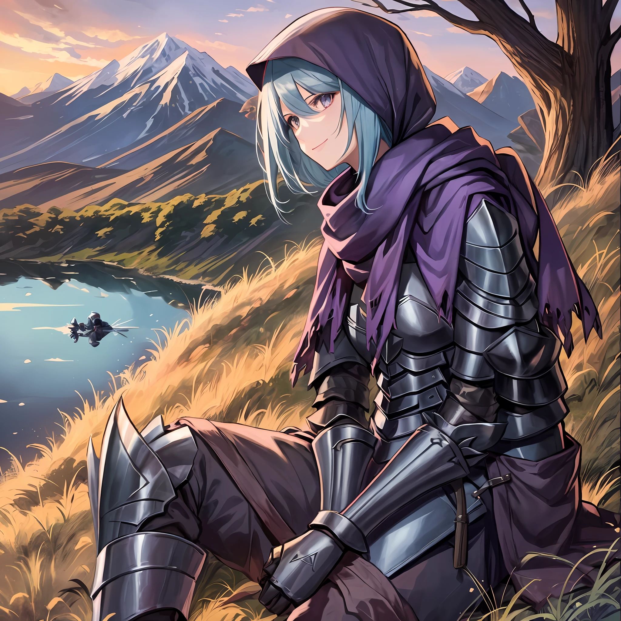 1girl, 1boy, (best quality, beruka, gauntlets), armor, purple scarf, black gloves, pants, boots, bandana on the head, sitting, in front, trees, mountain, beautiful scenery in the background, soft sunset, subtle reflections on the ground. Light gray eyes, smiling slightly