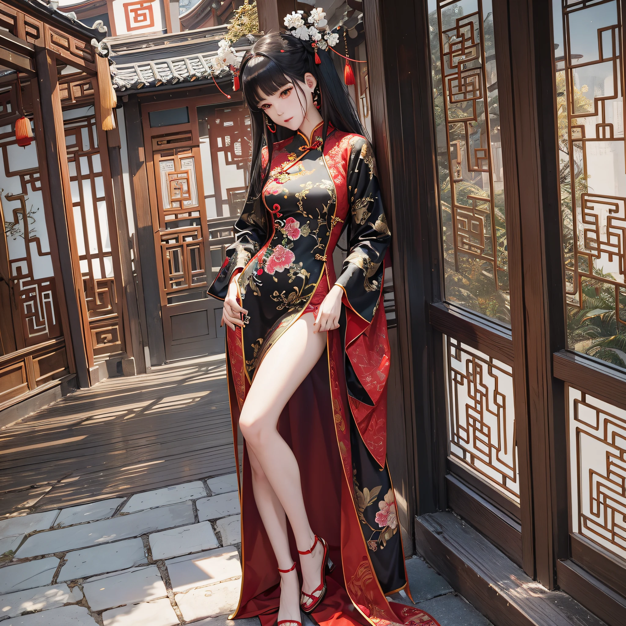 8k, best quality, masterpiece: 1.2), a beautiful girl, wearing a cheongsam, full body portrait, red pupils, black coiled hair, some bangs behind the ears hanging down, beautiful figure, slender legs, Chinese garden in the background --auto --s2