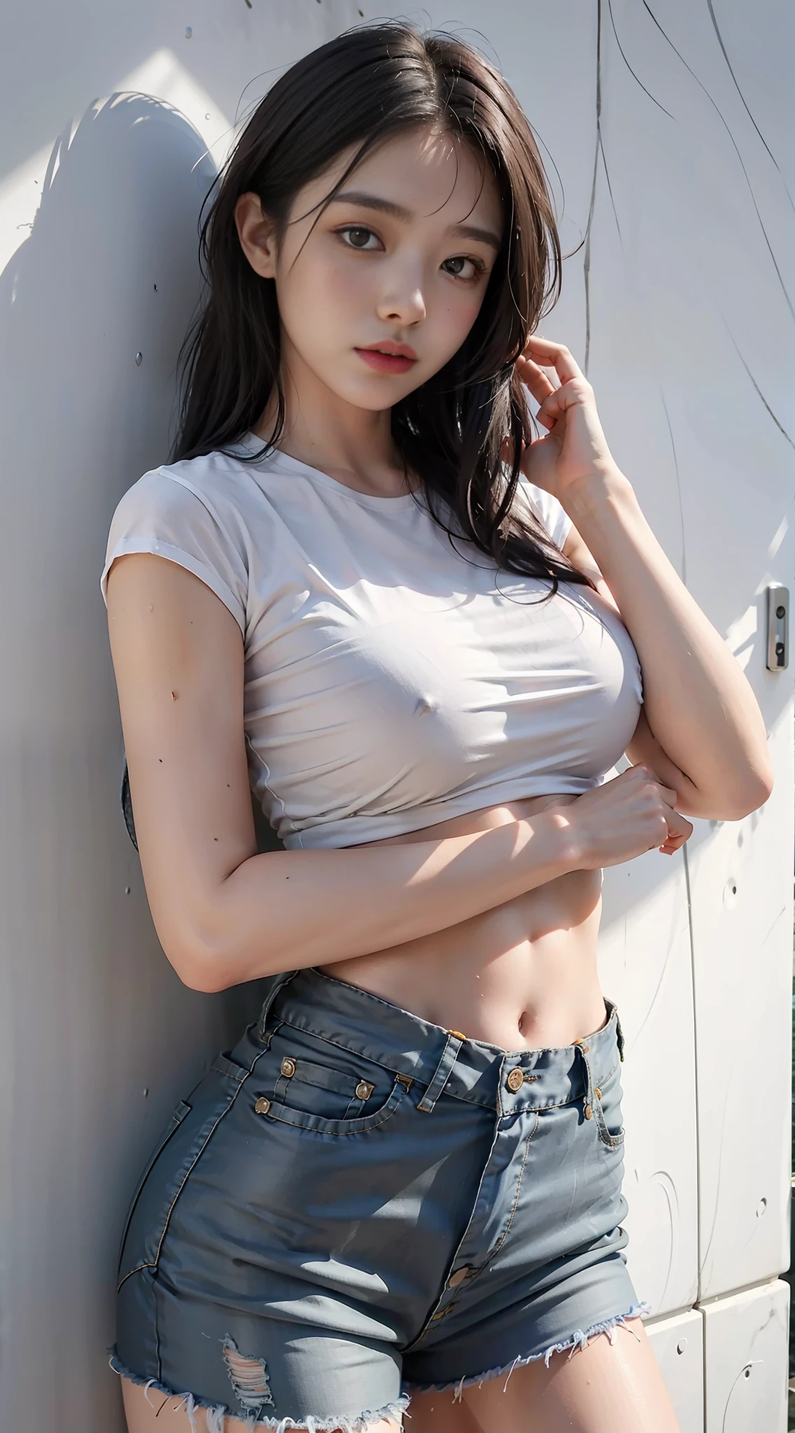 Hair wet in the rain, the whole body is wet from heavy rain, clothes are sheer, big breasts