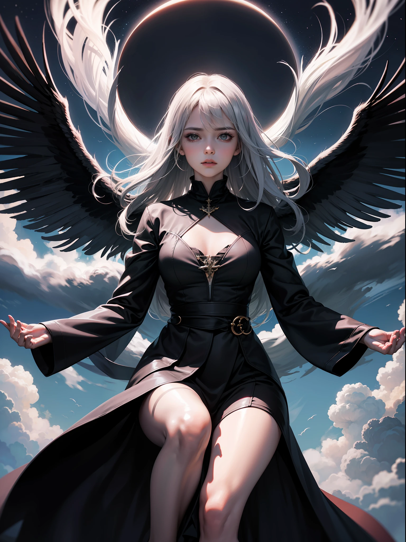 Best image quality, perfect masterpiece, super high resolution, 1.4x realism, cinematic lighting, sense of sacredness, a demon girl in a long black dress, silver hair, floating in the Christ sky, dark sky, face lighting, applying the Tyndall effect, prayer pose. At the same time, demons flew in the air, extreme light and shadow, and hair fluttered in the wind.