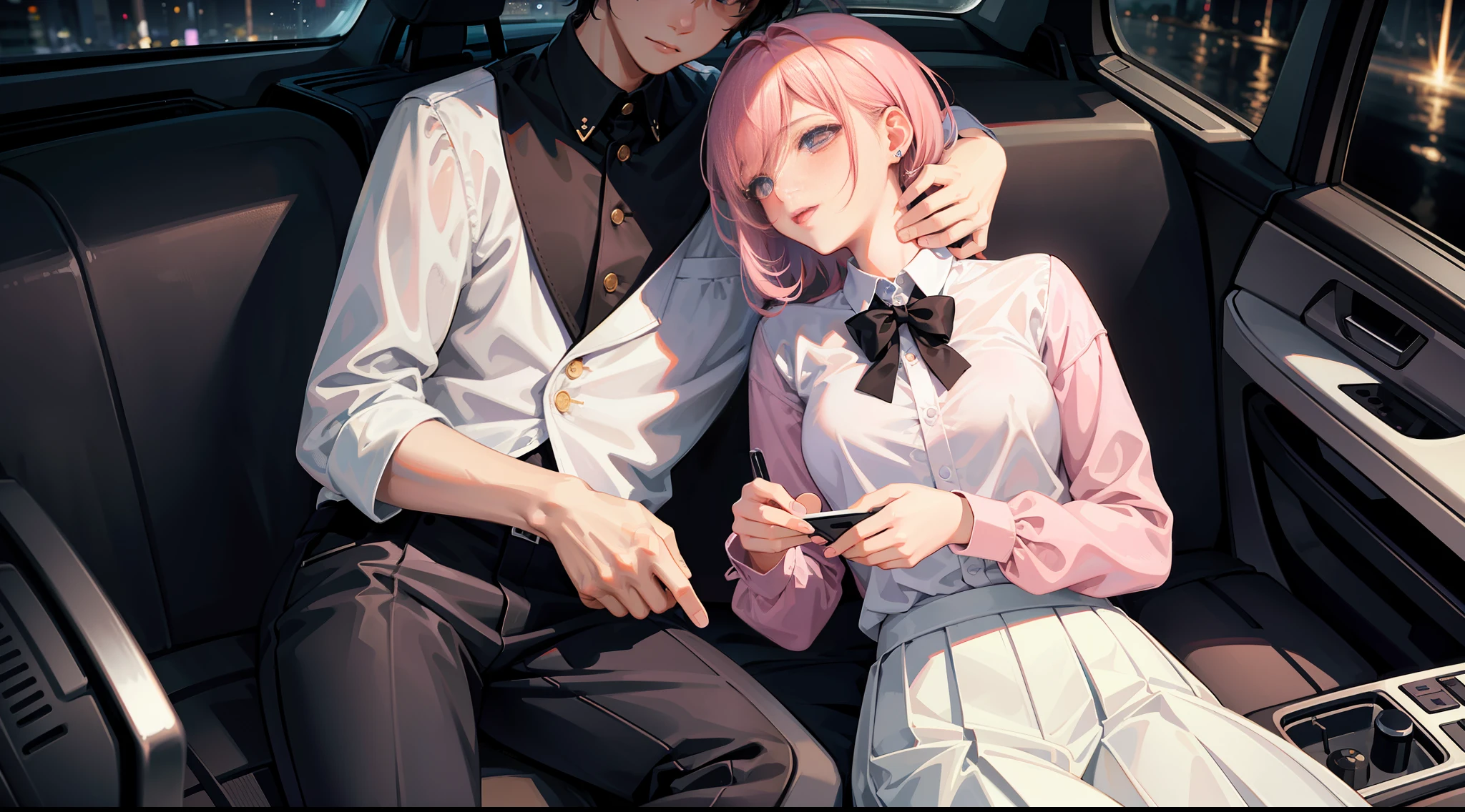 Masterpiece, best quality, super detailed, illustration, beautiful detailed eyes, close up, with a boy and a girl. It was pink hair, white pleated shirt, cracked button on the chest, skirt. The boy is black hair, black suit, black pants. Boys and girls kissing in car, heavy rain weather