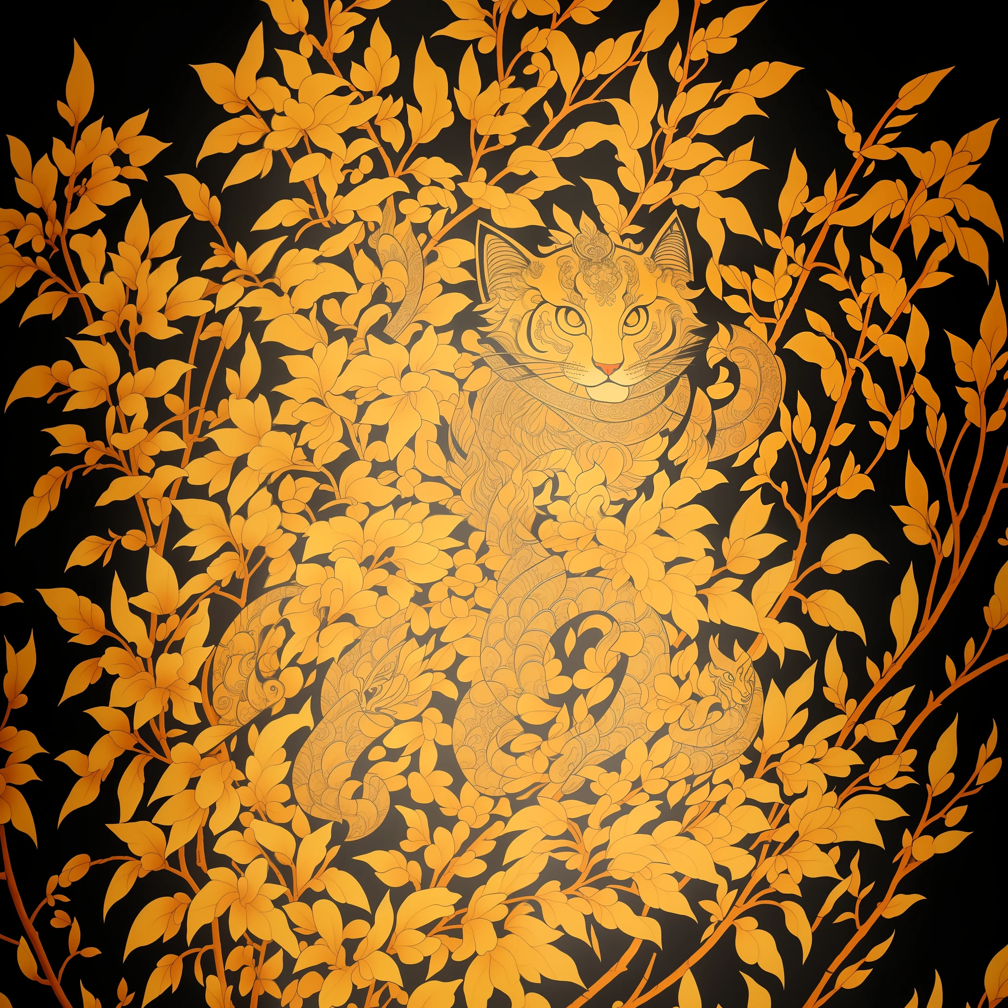 Close-up of an ancient Chinese adult cat, the subject is a cat, mural, fierce expression, Asura in Chinese mythology, ancient Chinese art style, Wen Boren, golden Chinese tiger fantasy, mythical creatures, Chinese bear concept art, ancient Chinese gorgeous, Chinese mythology, ink flowers, inspired by Puhua, an ancient creature, qigong, single close-up, with body, Qing dynasty painting, traditional painting, intricate detail painting, the best quality, masterpiece, very delicate and beautiful