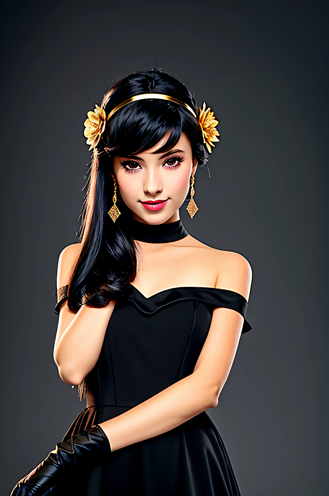 Jorbrier, (photorealistic), beautiful girl, backlit, black background, black dress, black gloves, black hair, smile, cowboy shot, dress, earrings, floating hair, gloves, gold earrings, gold hair band, hair flower, hair ornament, ((hair band)), jewelry, light particles, long hair, look at viewer, off-the-shoulder dress, off-shoulder, petals, Side Rock, Solo, Spike, Beautiful Dress, Double-sided Fabric, ((Masterpiece))