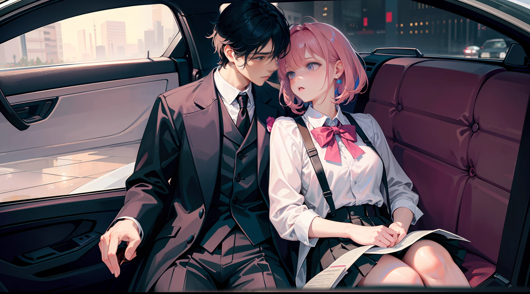 Masterpiece, best quality, super detailed, illustration, beautiful detailed eyes, close up, with a boy and a girl. It was pink hair, white pleated shirt, cracked button on the chest, skirt. The boy is black hair, black suit, black pants. Boys and girls kissing in car, heavy rain weather