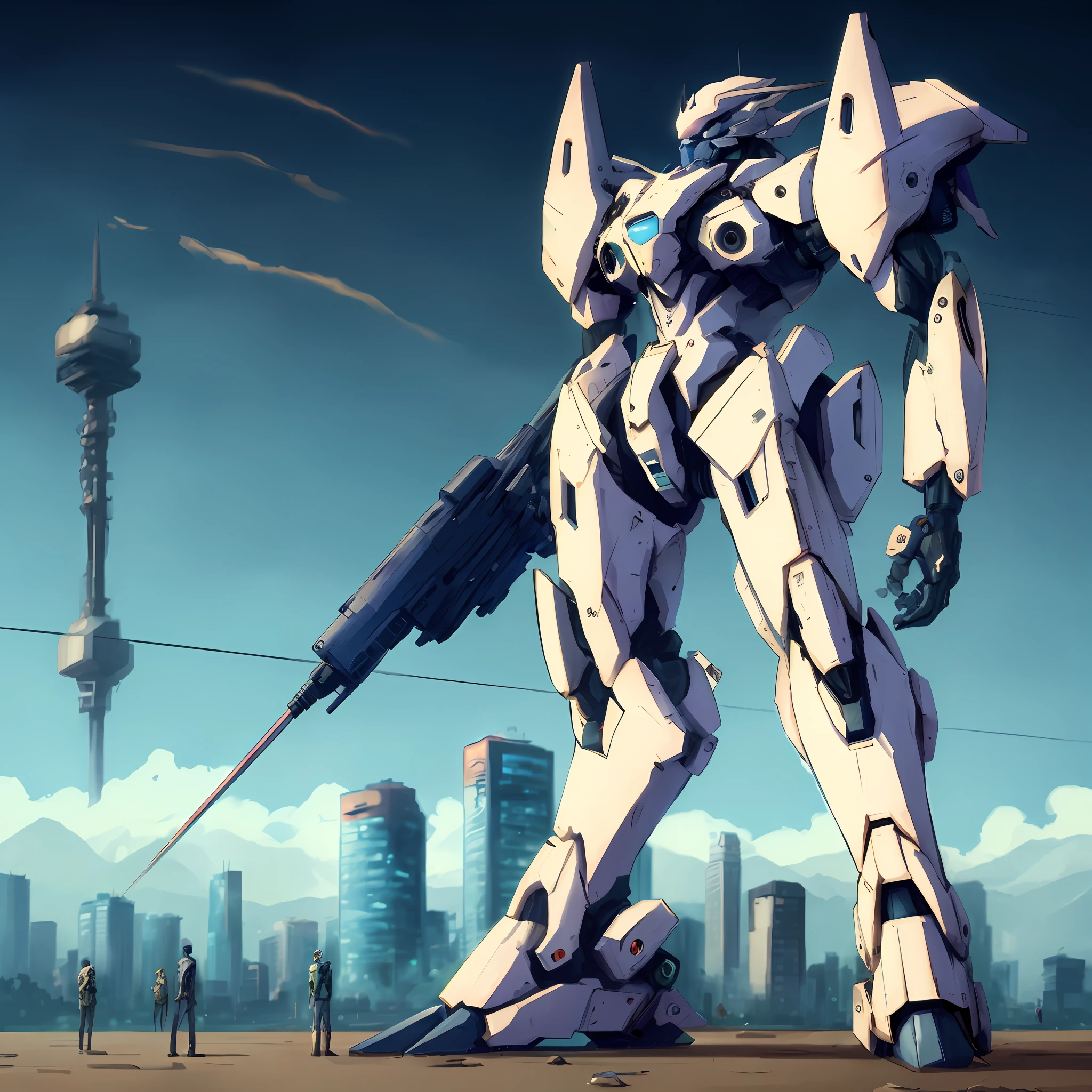 anime-style pictures of robots standing in front of the city, modern mecha anime, anime large mecha robots, mecha anime, giant anime mecha, cool mecha style, white mecha, modern sci-fi anime, mecha art, mecha aesthetic, big mecha