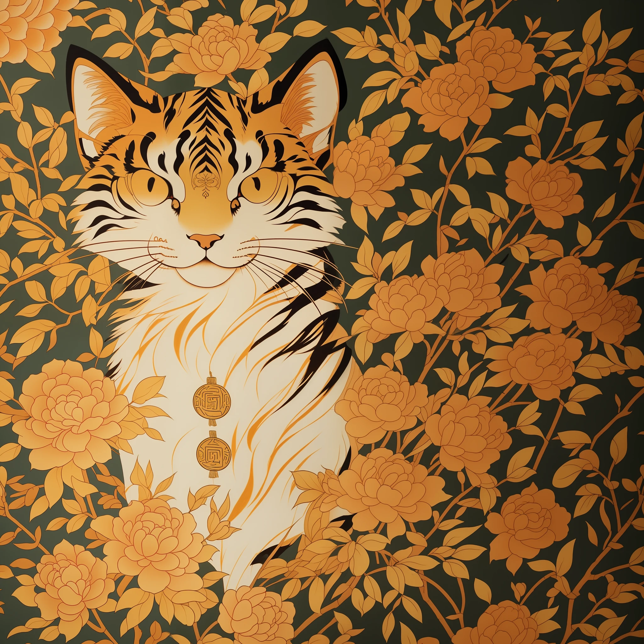 Close-up of an ancient Chinese adult cat, the subject is a cat, mural, fierce expression, Asura in Chinese mythology, ancient Chinese art style, Wen Boren, golden Chinese tiger fantasy, mythical creatures, Chinese bear concept art, ancient Chinese gorgeous, Chinese mythology, ink flowers, inspired by Puhua, an ancient creature, qigong, single close-up, with body, Qing dynasty painting, traditional painting, intricate detail painting, the best quality, masterpiece, very delicate and beautiful