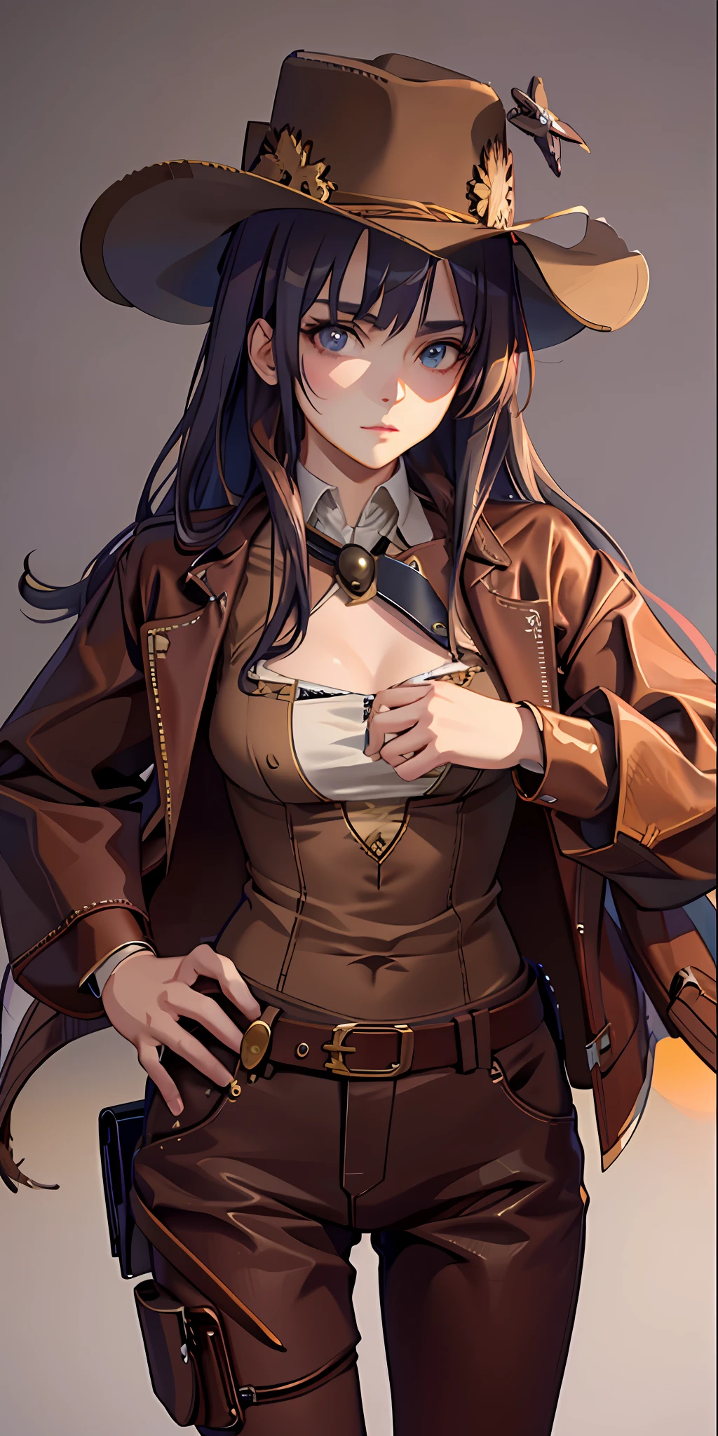long coat, gunman, denim jeans, wilderness, western cowboy style, photography, highest quality, realistic, photorealistic, intricate detail, (delicate details), (intricate details), cinematic light, highest quality backlight, clear line, 8K, ultra high resolution, ulzzang-6500-v1.1 highest quality, high quality texture, fine, realistic facial expression, detailed skin, anime, girl, sexy, mix, model, illustration, portrait, semi-realistic, gray hair